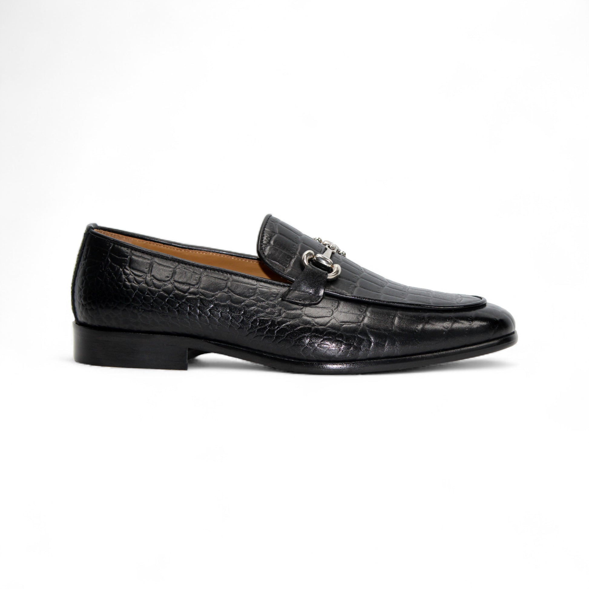 The Duca Vasto Black by Duca Di Matiste is a black croco-embossed Italian leather loafer with a silver metal bit, shown in profile against a white background—a refined pick for luxury men’s footwear.
