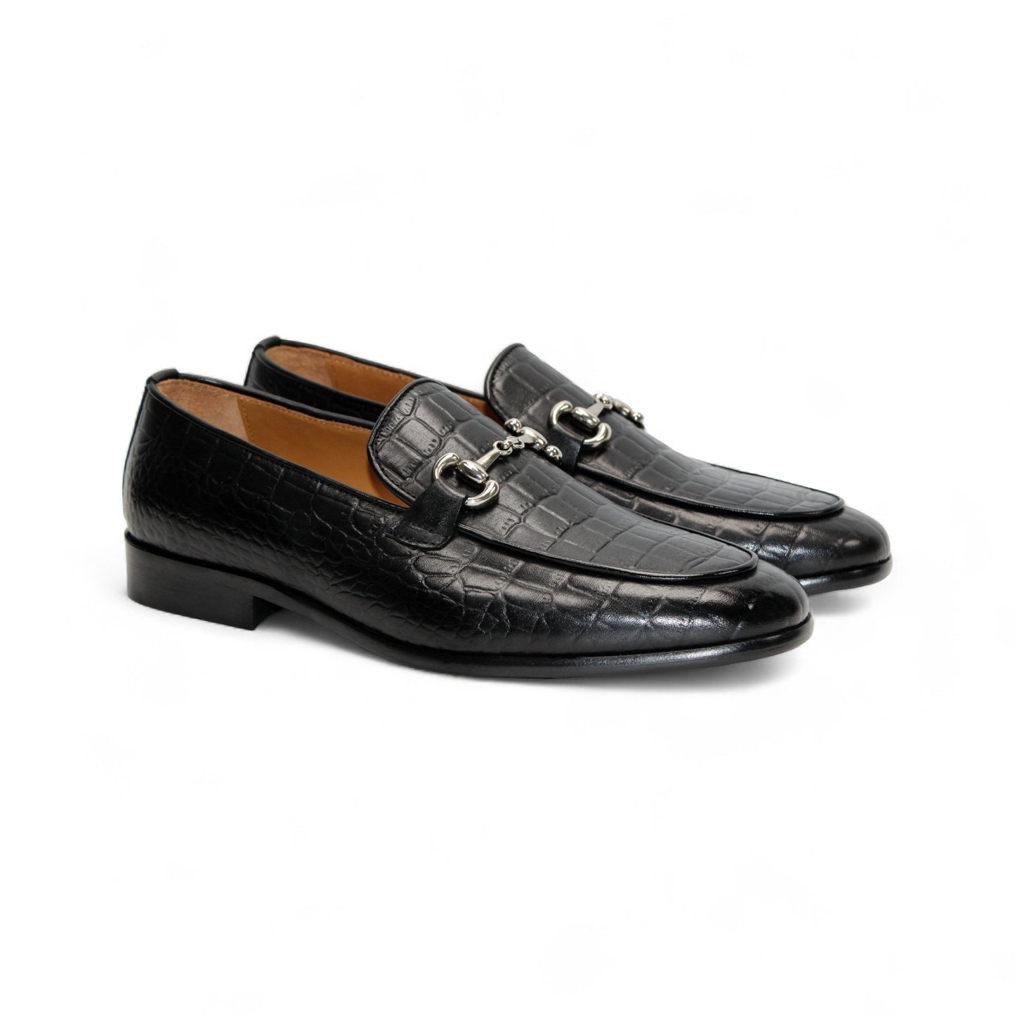 The Duca Vasto Black by Duca Di Matiste is a black croco-embossed Italian leather loafer with a silver metal bit, shown in profile against a white background—a refined pick for luxury men’s footwear.