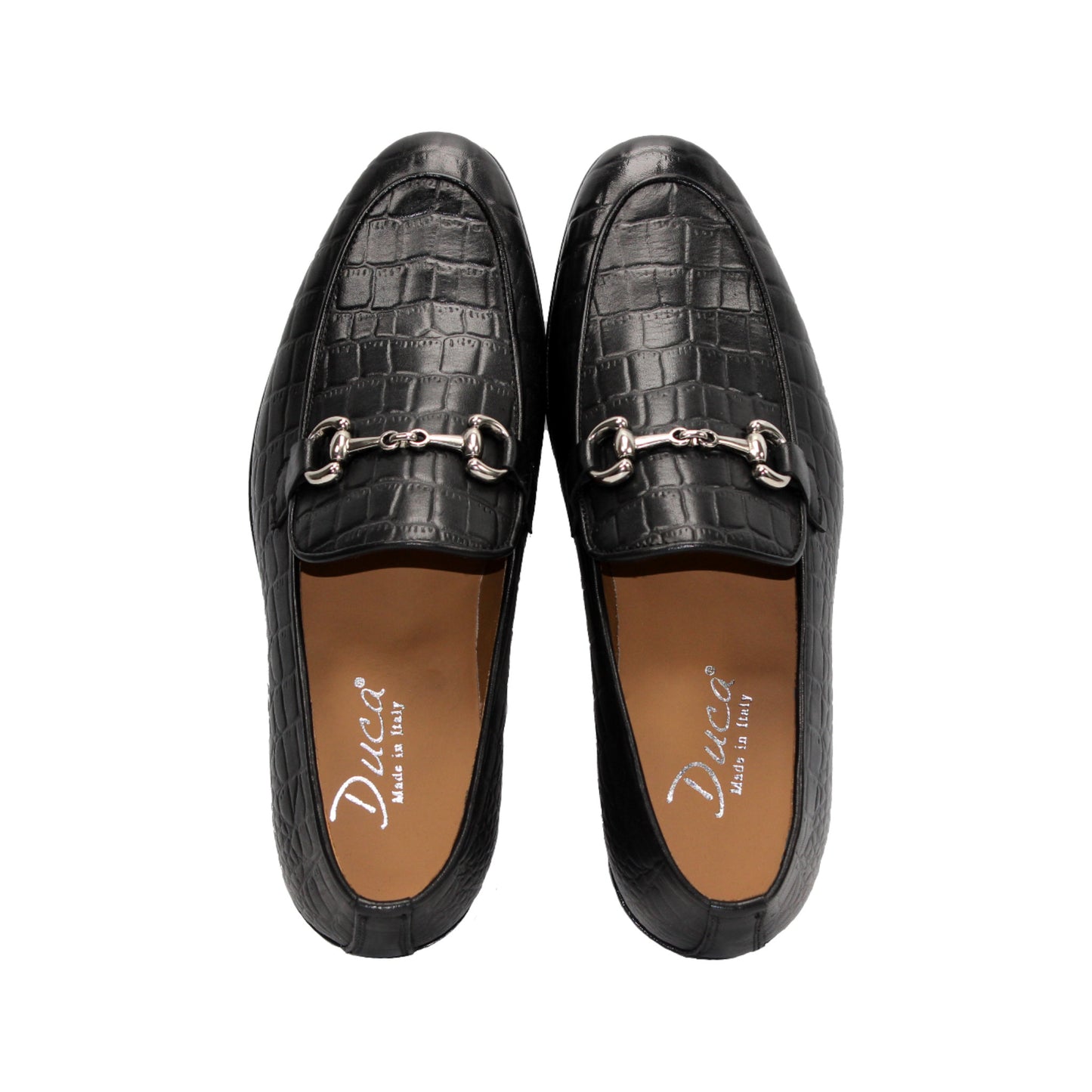 The Duca Vasto Black by Duca Di Matiste is a black croco-embossed Italian leather loafer with a silver metal bit, shown in profile against a white background—a refined pick for luxury men’s footwear.