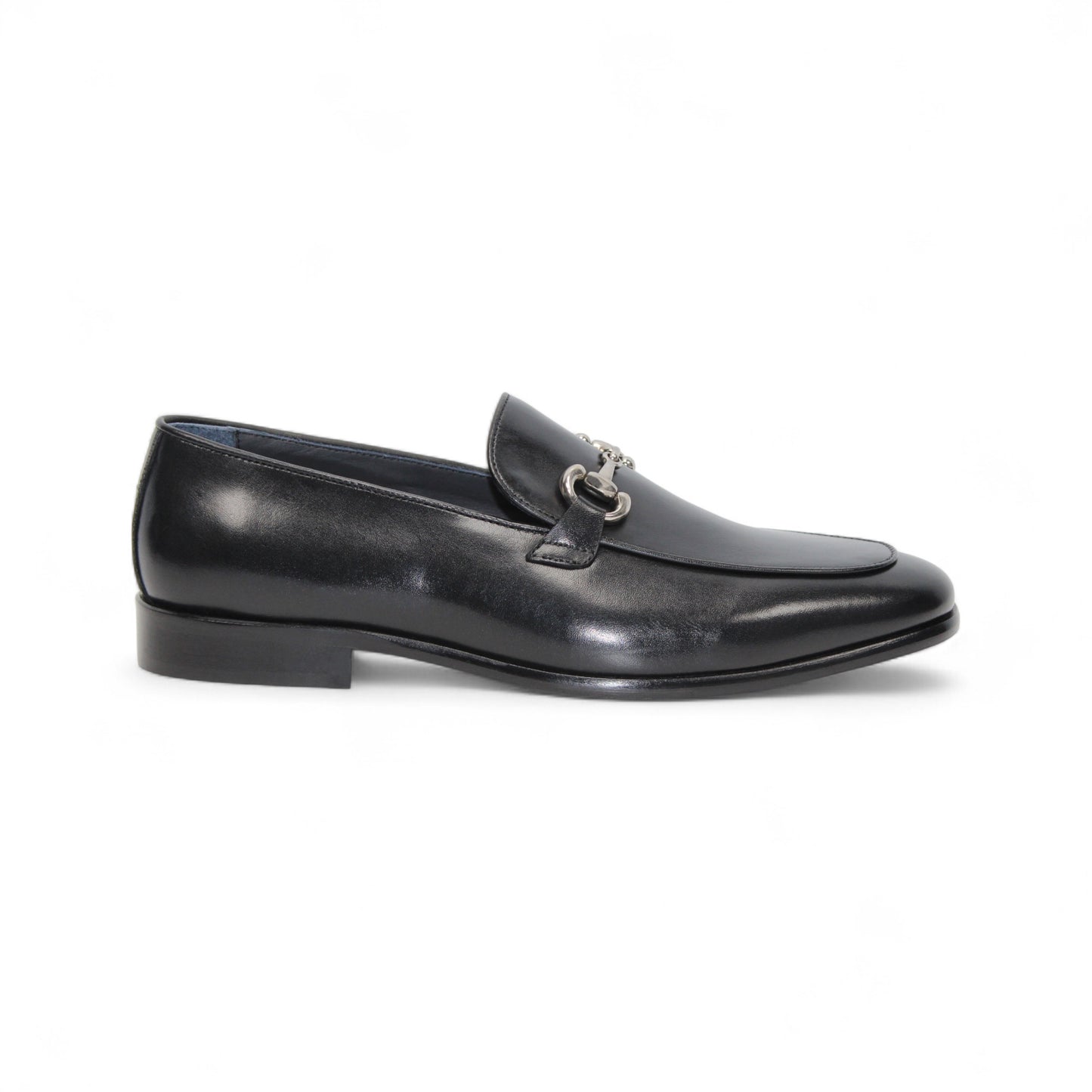 The Duca Di Matiste Duca Vasto II Black is a handcrafted Italian black leather loafer with a low heel and silver metal detail on the upper, shown in side profile against a white background.