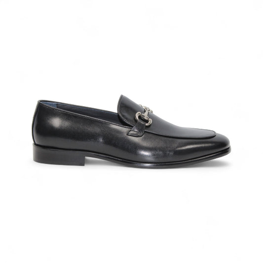 The Duca Di Matiste Duca Vasto II Black is a handcrafted Italian black leather loafer with a low heel and silver metal detail on the upper, shown in side profile against a white background.