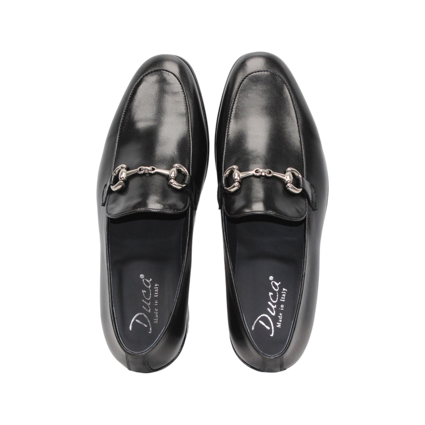 The Duca Di Matiste Duca Vasto II Black is a handcrafted Italian black leather loafer with a low heel and silver metal detail on the upper, shown in side profile against a white background.