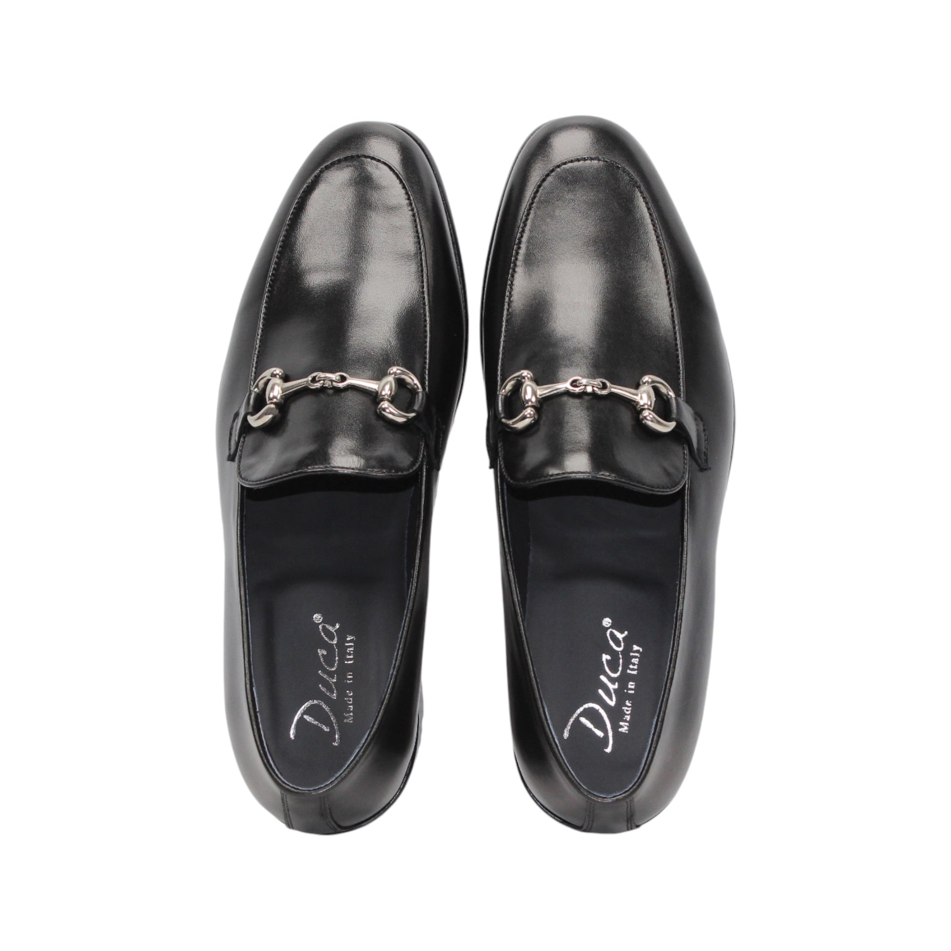 The Duca Di Matiste Duca Vasto II Black is a handcrafted Italian black leather loafer with a low heel and silver metal detail on the upper, shown in side profile against a white background.