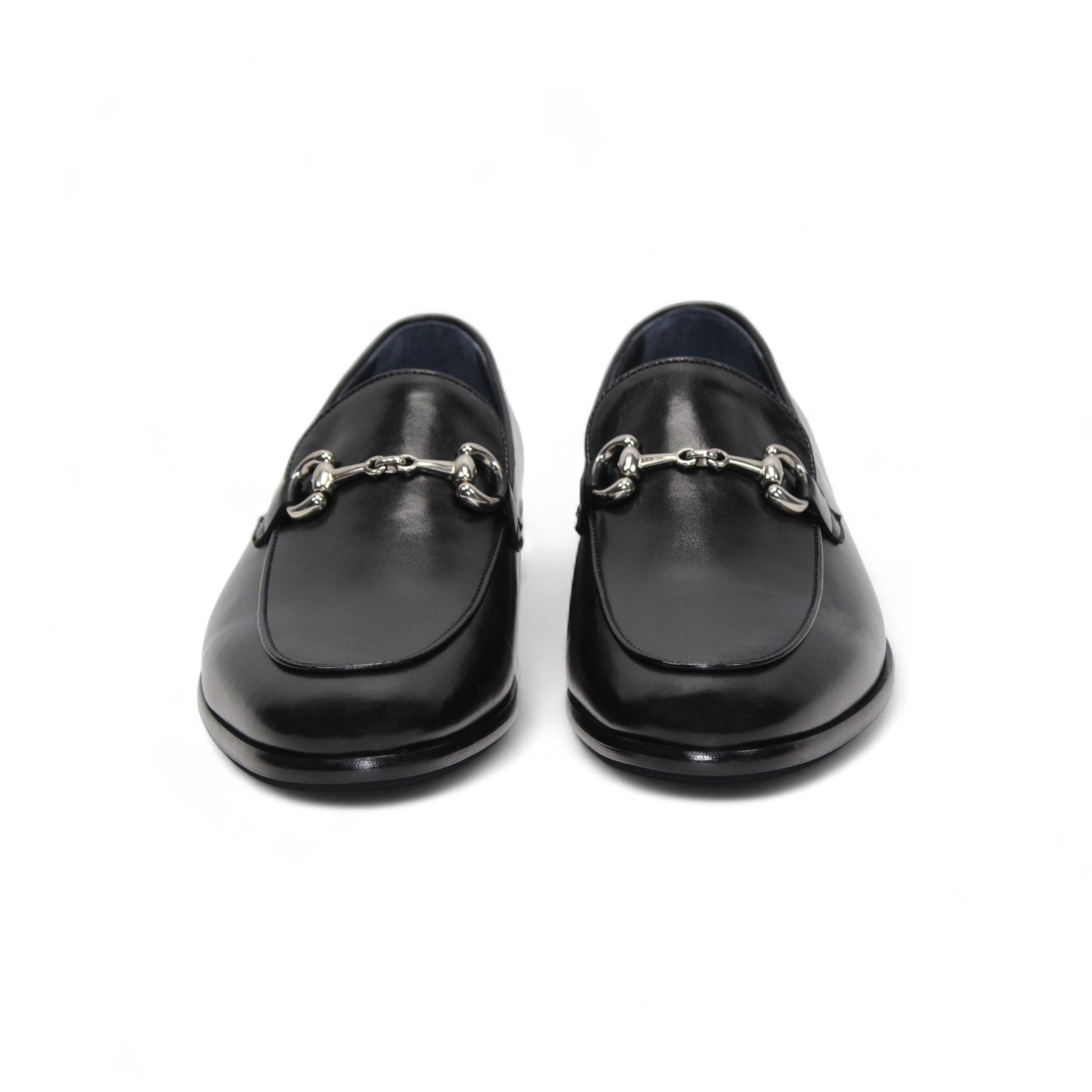 The Duca Di Matiste Duca Vasto II Black is a handcrafted Italian black leather loafer with a low heel and silver metal detail on the upper, shown in side profile against a white background.