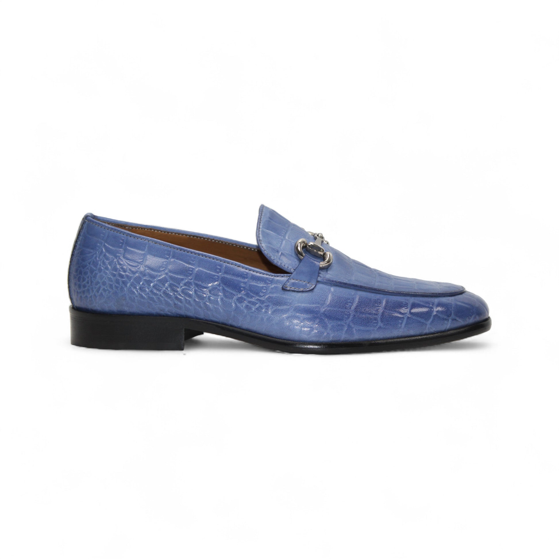 The Duca Vasto Light Blue by Duca Di Matiste is an Italian-crafted shoe in blue genuine croco-embossed leather with a silver metal buckle, shown in profile on a white background.