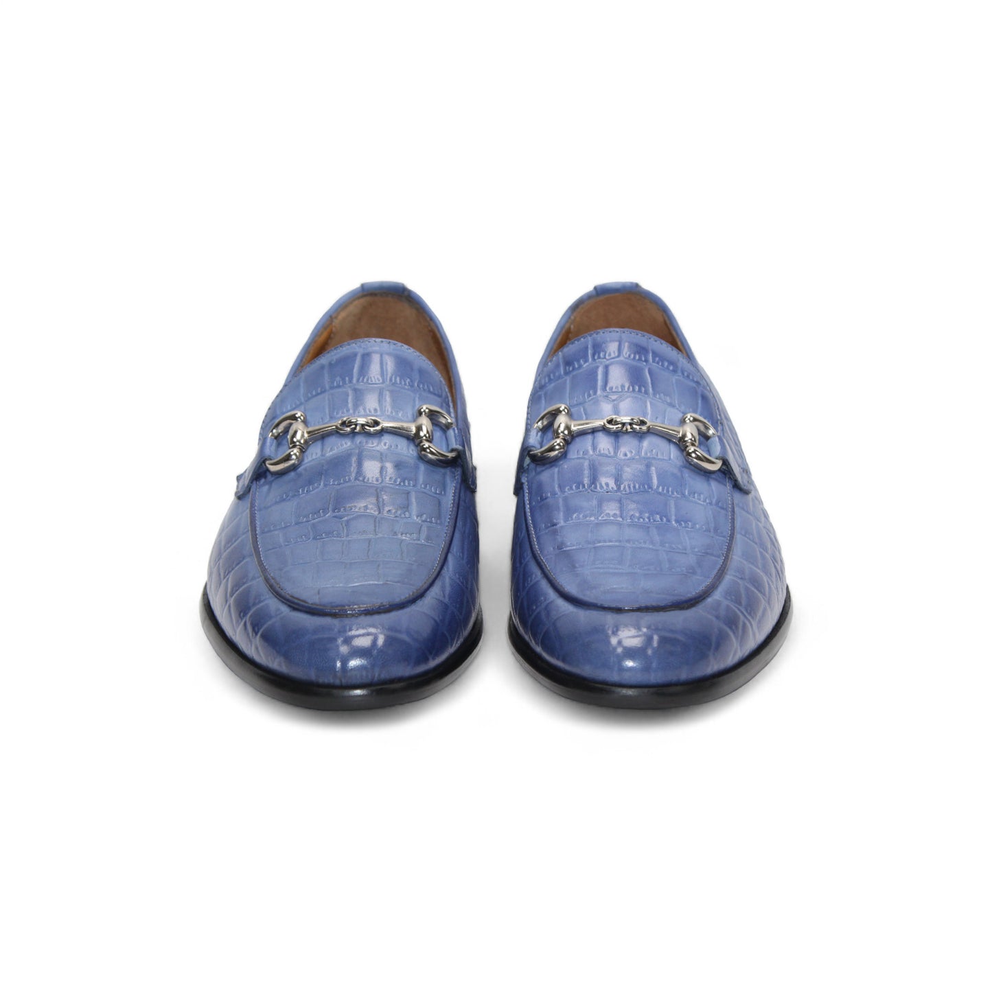 The Duca Vasto Light Blue by Duca Di Matiste is an Italian-crafted shoe in blue genuine croco-embossed leather with a silver metal buckle, shown in profile on a white background.