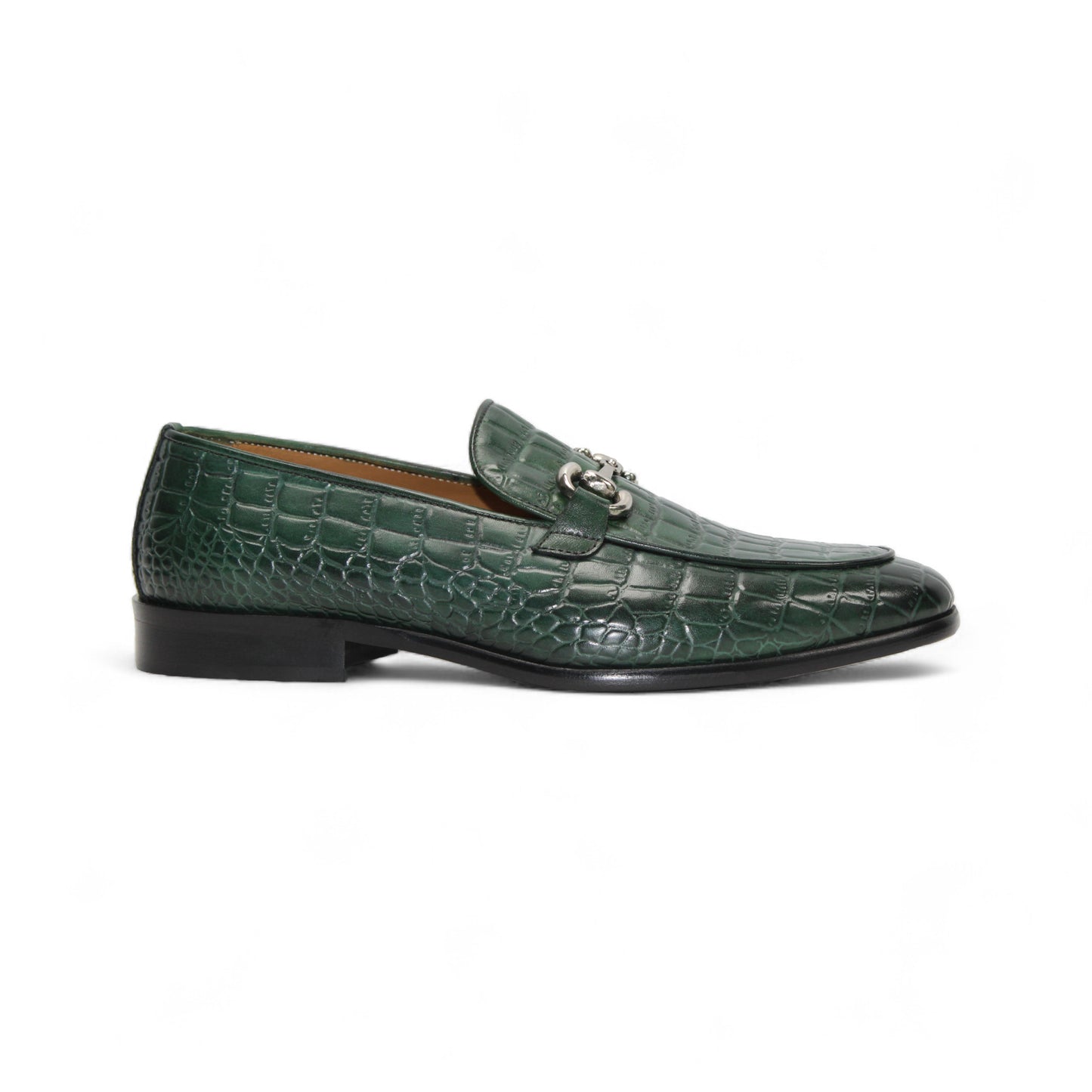 The Duca Di Matiste Duca Vasto Green features genuine croco-embossed leather, a silver buckle, low heel, and black sole. Expertly Italian crafted and pictured in side profile against a white background.