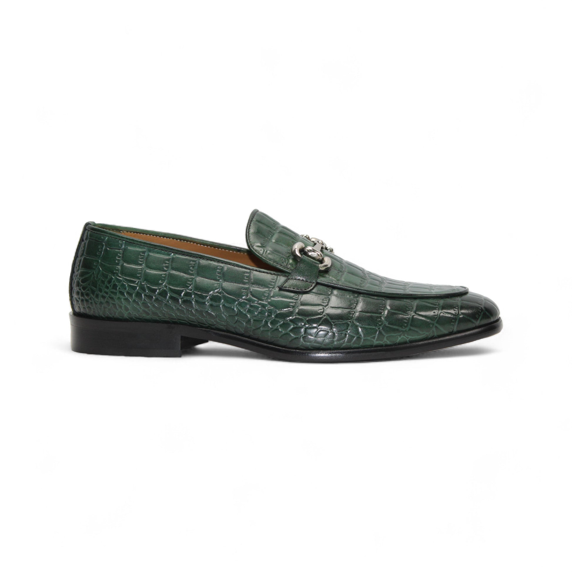 The Duca Di Matiste Duca Vasto Green features genuine croco-embossed leather, a silver buckle, low heel, and black sole. Expertly Italian crafted and pictured in side profile against a white background.