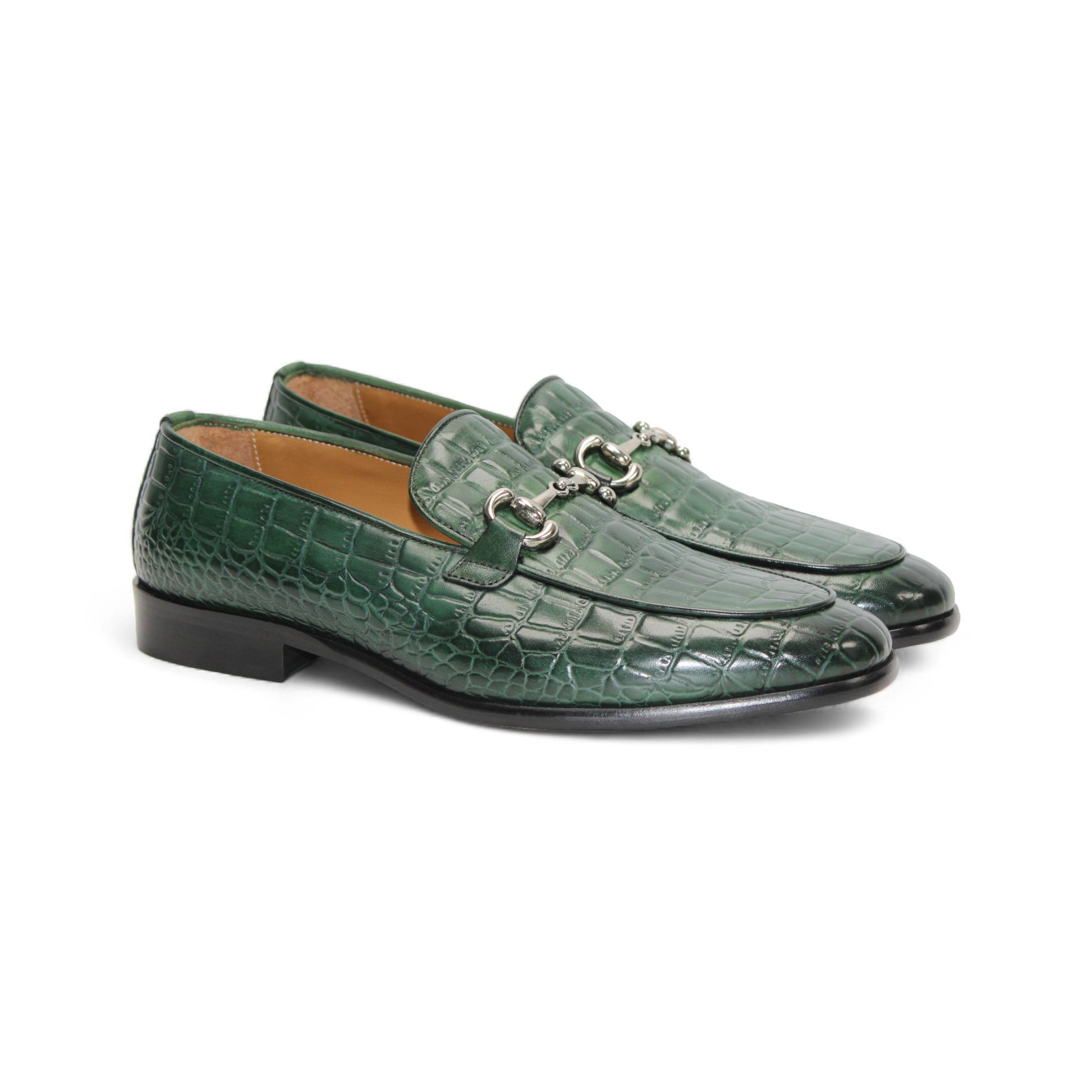 The Duca Di Matiste Duca Vasto Green features genuine croco-embossed leather, a silver buckle, low heel, and black sole. Expertly Italian crafted and pictured in side profile against a white background.