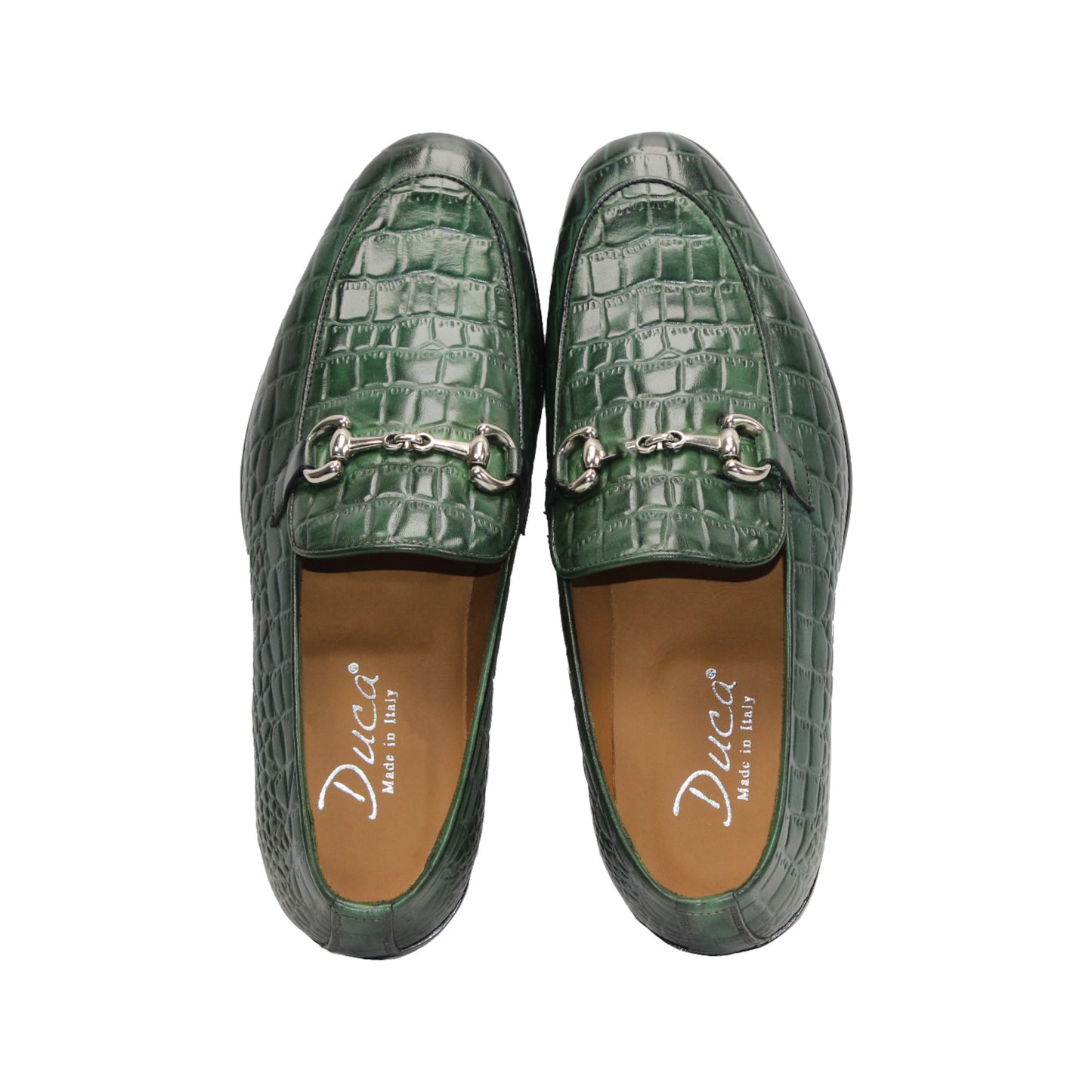 The Duca Di Matiste Duca Vasto Green features genuine croco-embossed leather, a silver buckle, low heel, and black sole. Expertly Italian crafted and pictured in side profile against a white background.