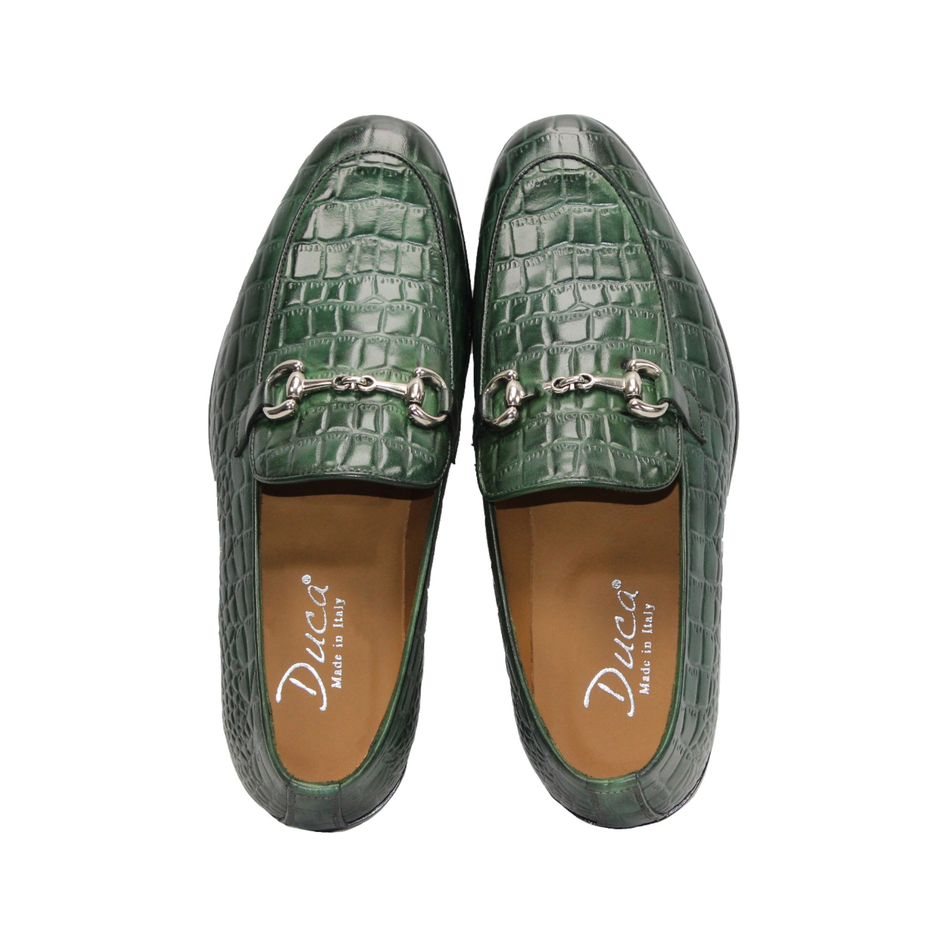 The Duca Di Matiste Duca Vasto Green features genuine croco-embossed leather, a silver buckle, low heel, and black sole. Expertly Italian crafted and pictured in side profile against a white background.