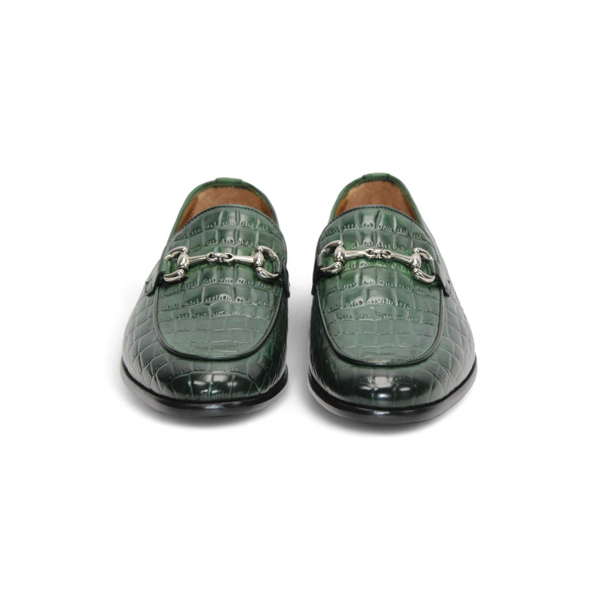 The Duca Di Matiste Duca Vasto Green features genuine croco-embossed leather, a silver buckle, low heel, and black sole. Expertly Italian crafted and pictured in side profile against a white background.