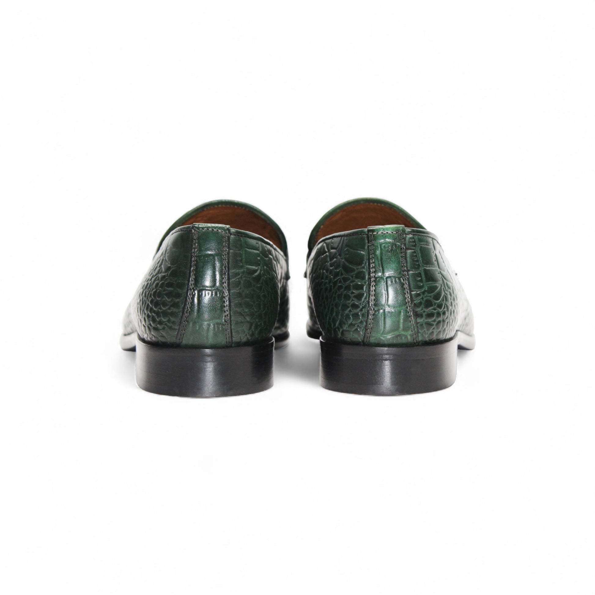 The Duca Di Matiste Duca Vasto Green features genuine croco-embossed leather, a silver buckle, low heel, and black sole. Expertly Italian crafted and pictured in side profile against a white background.