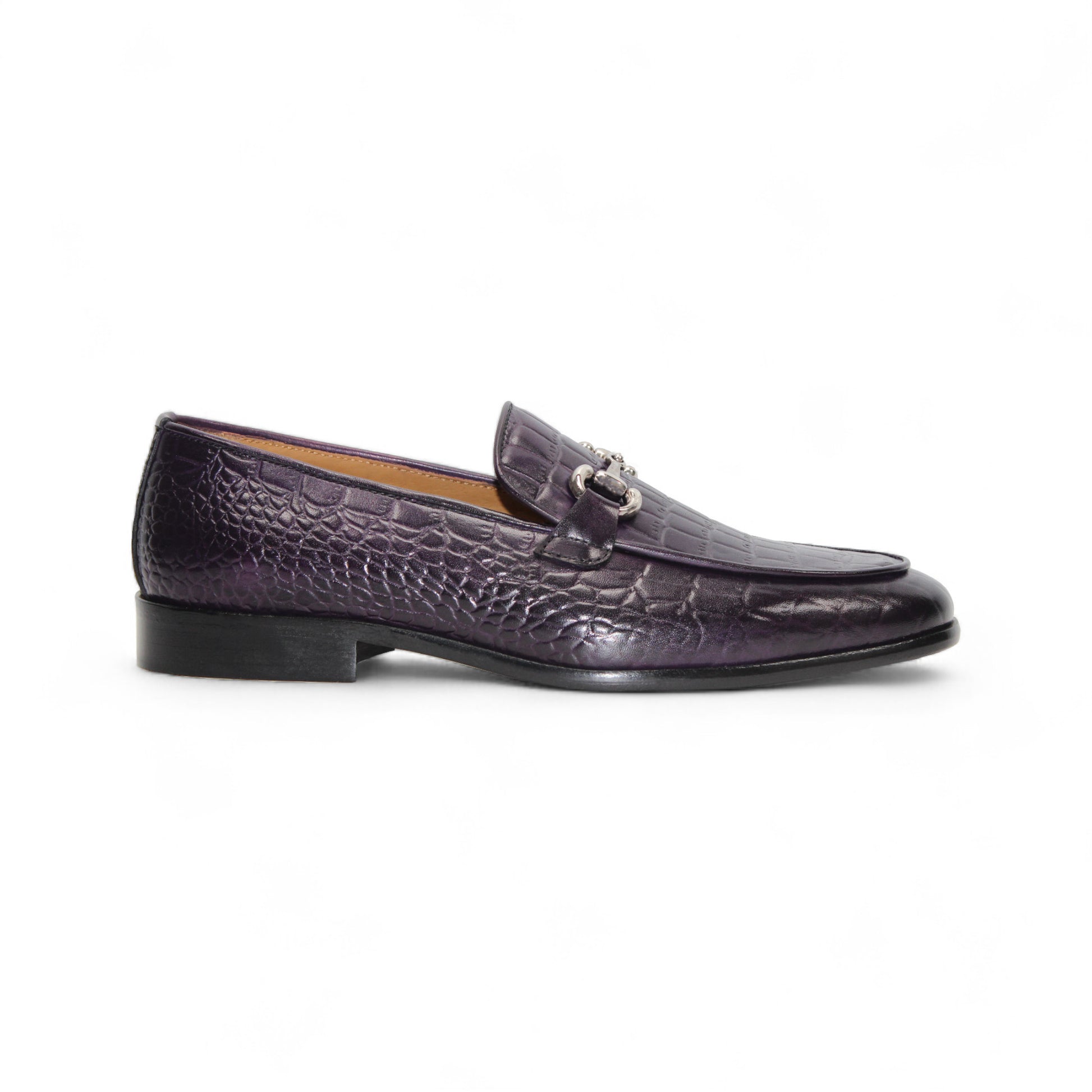 The Duca Di Matiste Duca Vasto Purple is a dark purple loafer with croco-embossed leather and a metal bit detail, displayed in profile on a plain white background.