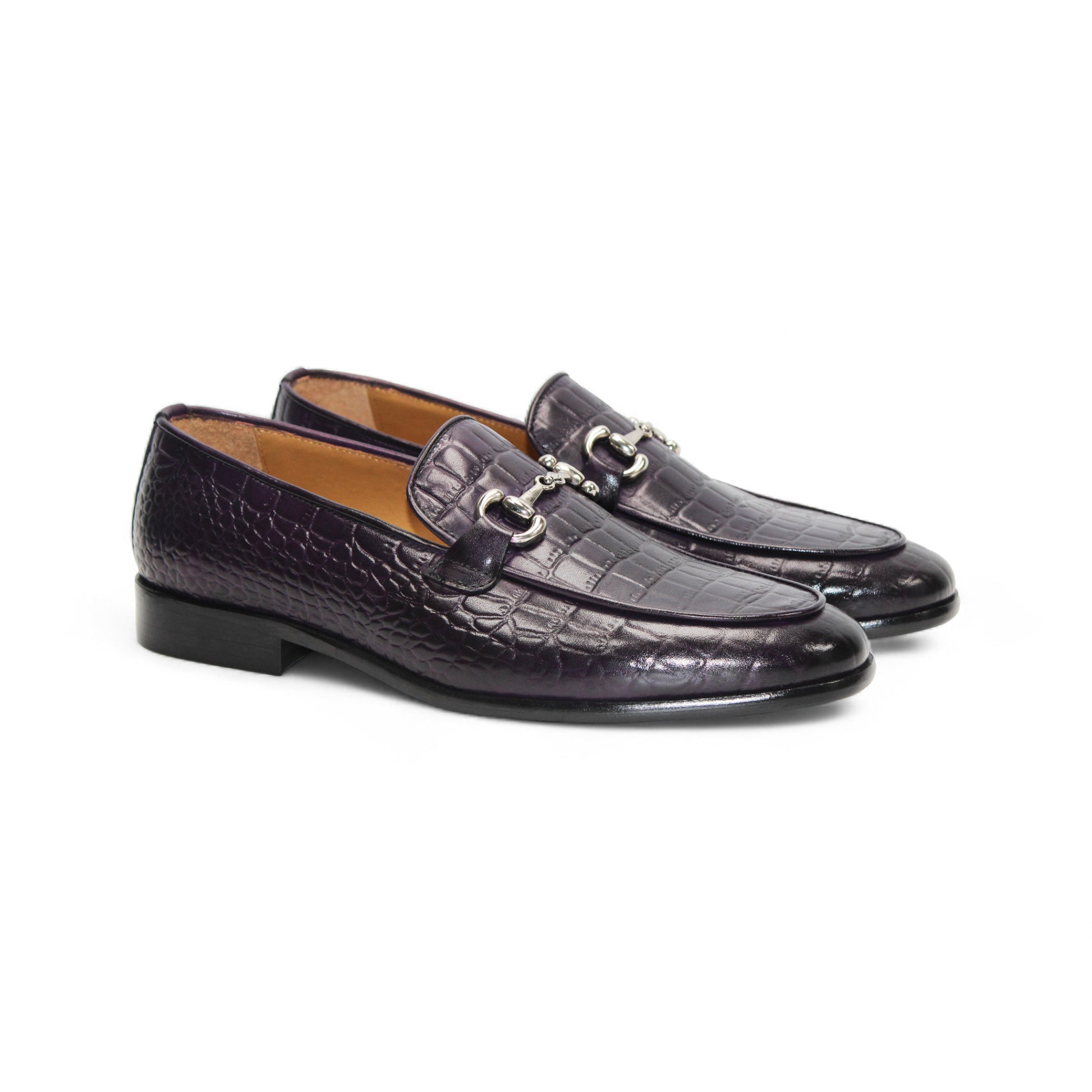 The Duca Di Matiste Duca Vasto Purple is a dark purple loafer with croco-embossed leather and a metal bit detail, displayed in profile on a plain white background.