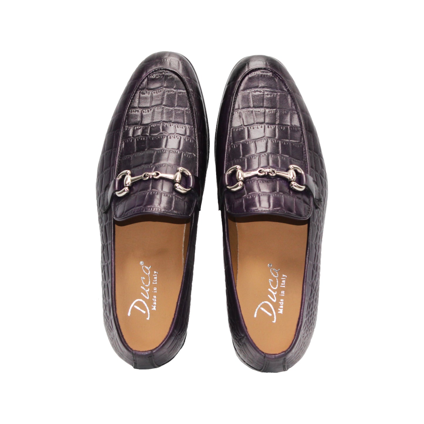 The Duca Di Matiste Duca Vasto Purple is a dark purple loafer with croco-embossed leather and a metal bit detail, displayed in profile on a plain white background.