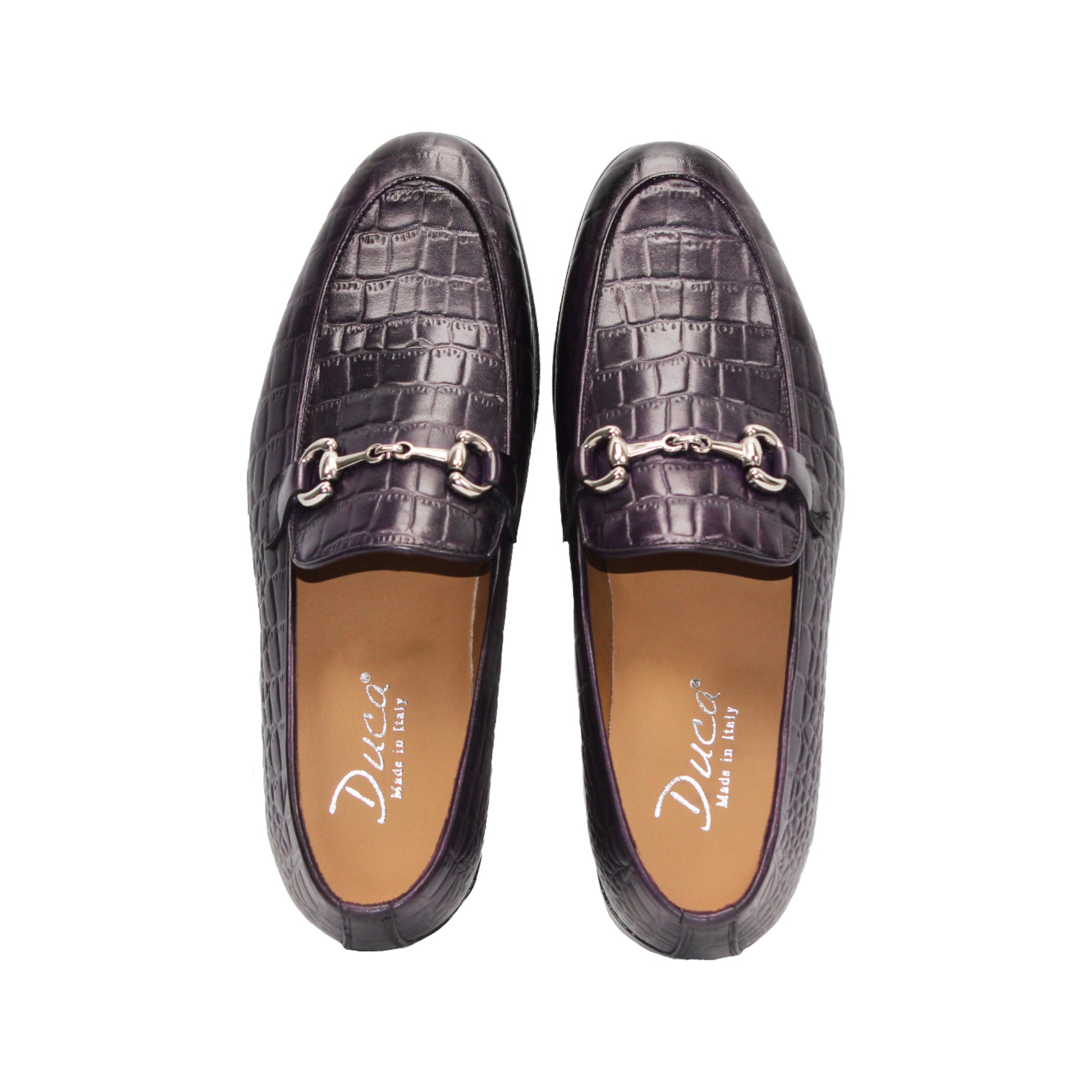 The Duca Di Matiste Duca Vasto Purple is a dark purple loafer with croco-embossed leather and a metal bit detail, displayed in profile on a plain white background.