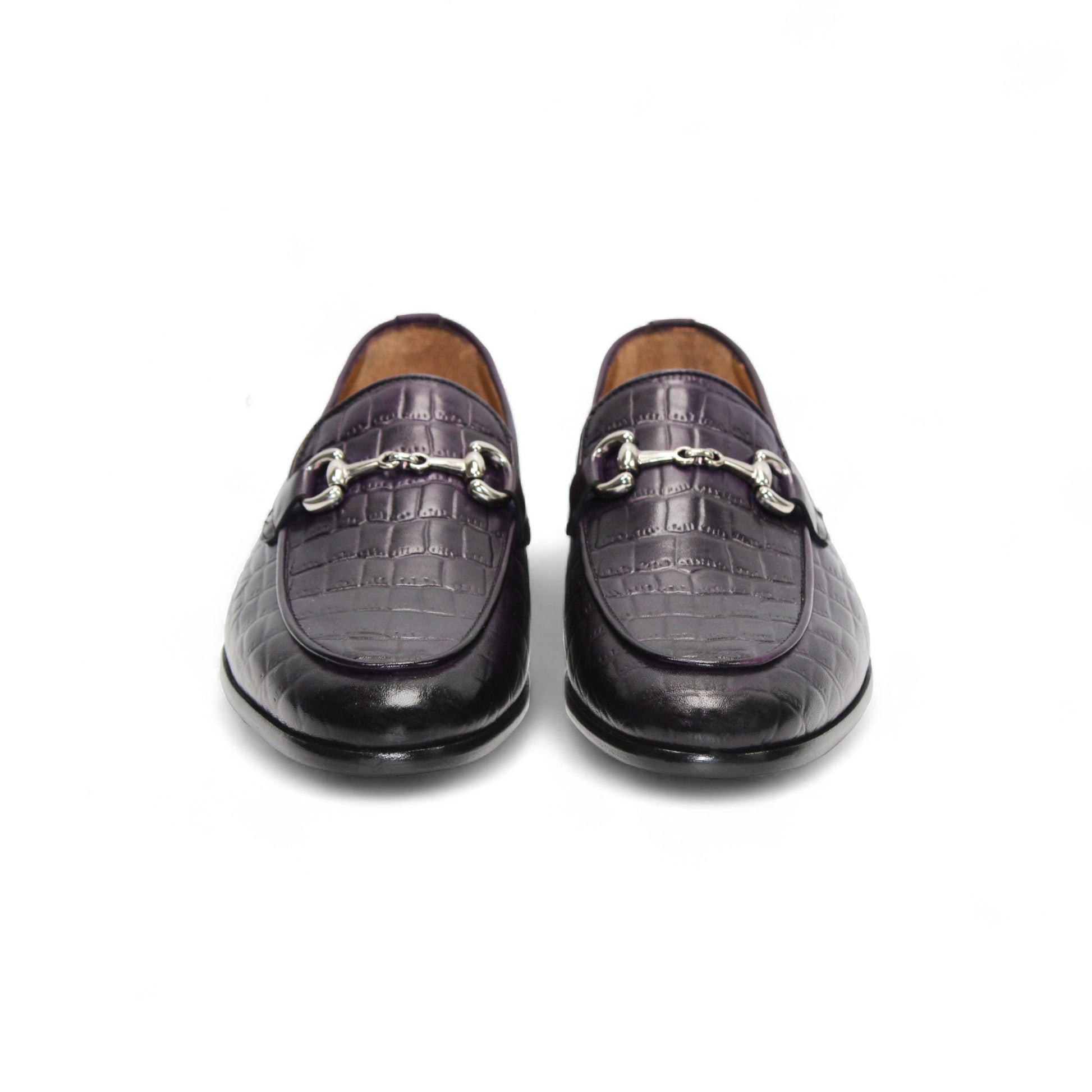 The Duca Di Matiste Duca Vasto Purple is a dark purple loafer with croco-embossed leather and a metal bit detail, displayed in profile on a plain white background.