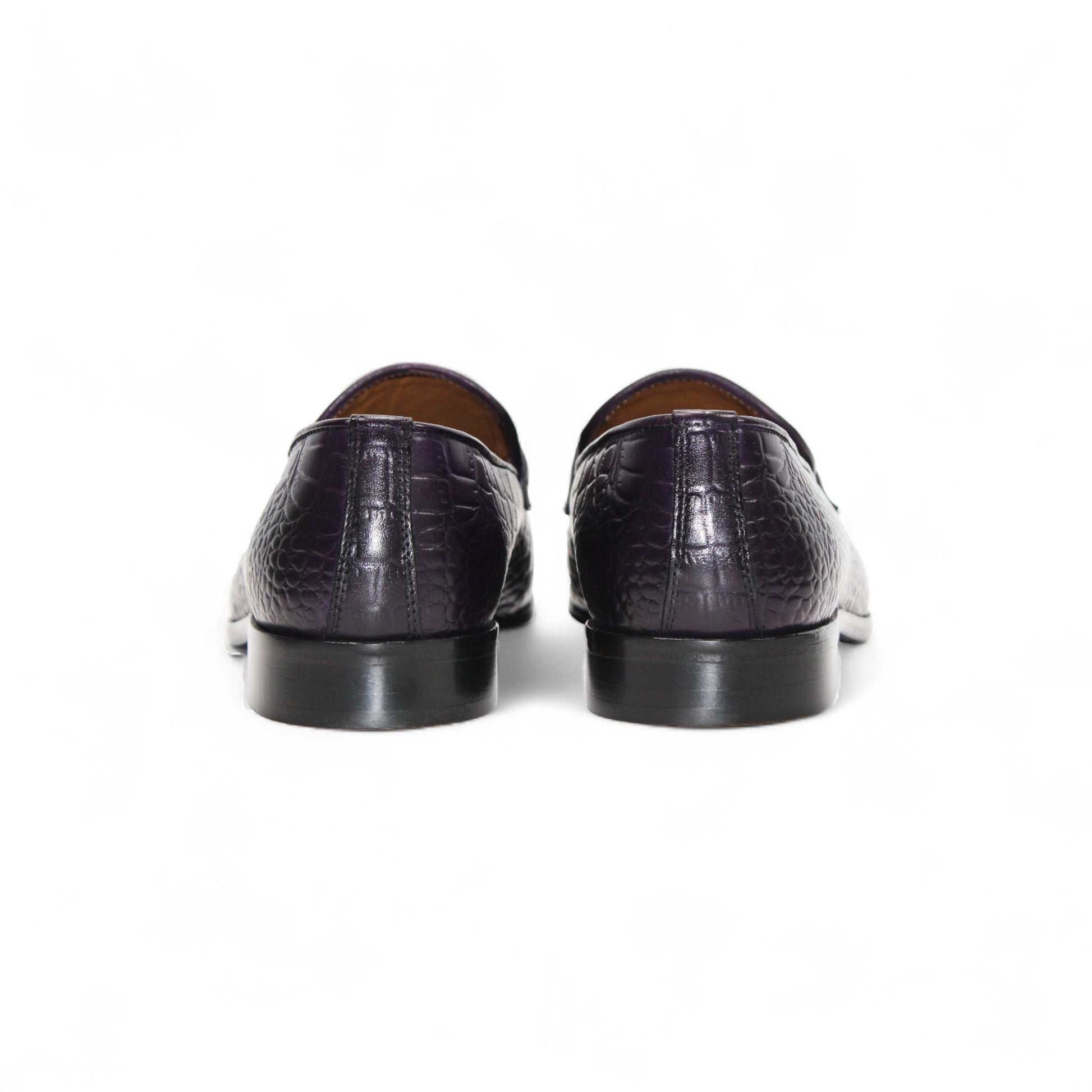 The Duca Di Matiste Duca Vasto Purple is a dark purple loafer with croco-embossed leather and a metal bit detail, displayed in profile on a plain white background.
