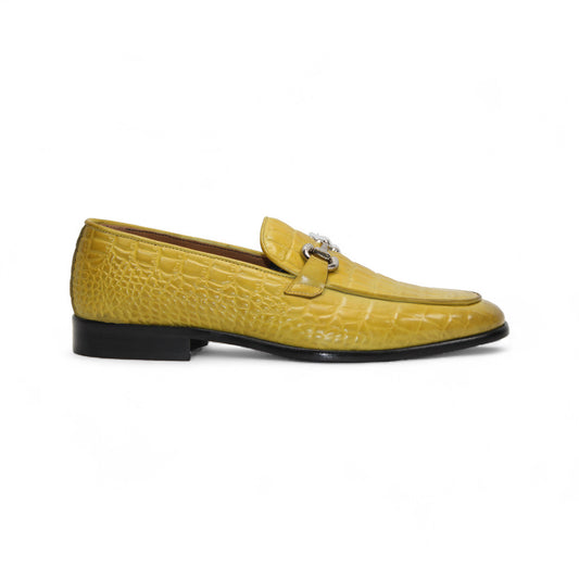 The Duca Vasto Yellow by Duca Di Matiste is a yellow croco-embossed leather loafer with a metal buckle, shown in side view on a white background—ideal for those seeking luxury men’s footwear.