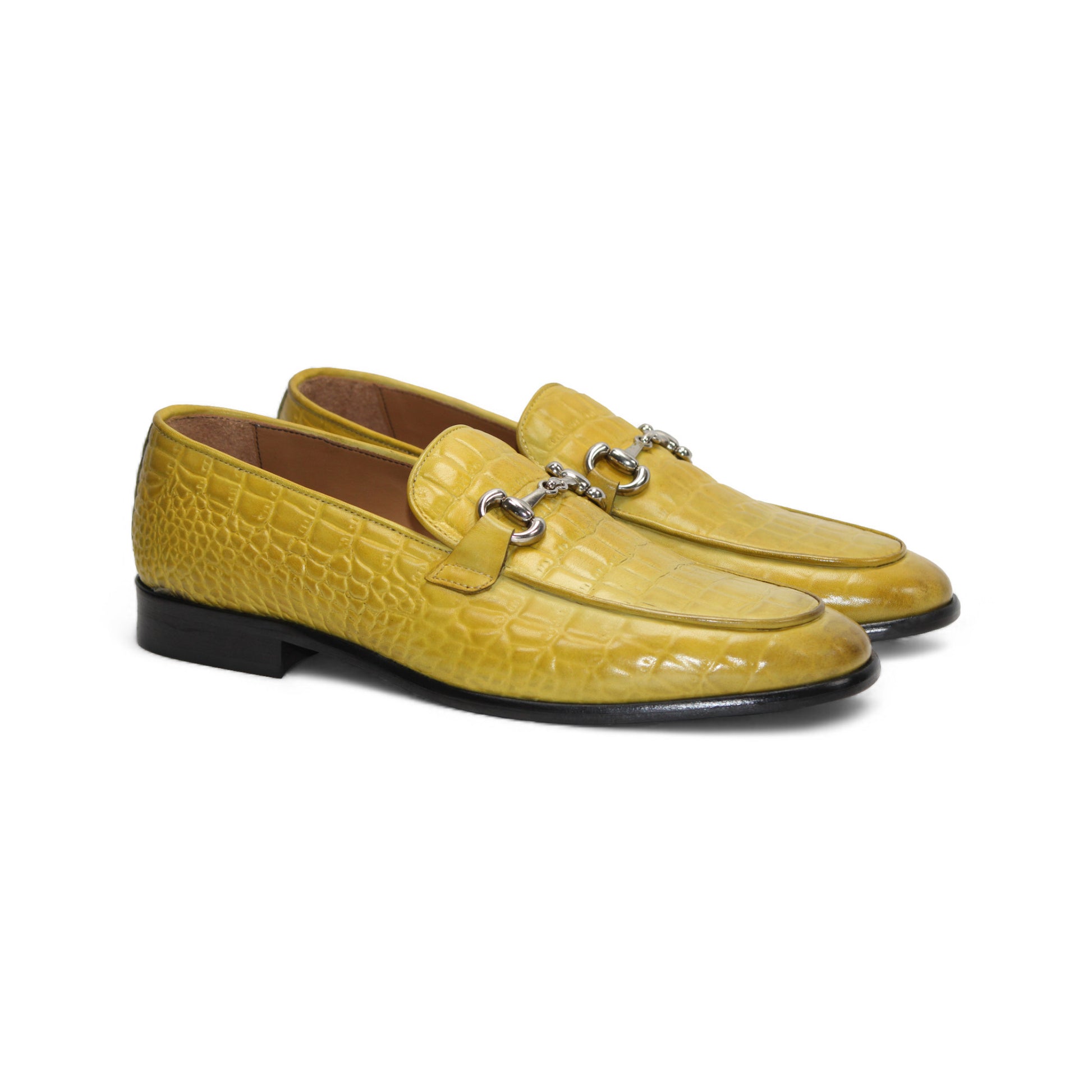 The Duca Vasto Yellow by Duca Di Matiste is a yellow croco-embossed leather loafer with a metal buckle, shown in side view on a white background—ideal for those seeking luxury men’s footwear.