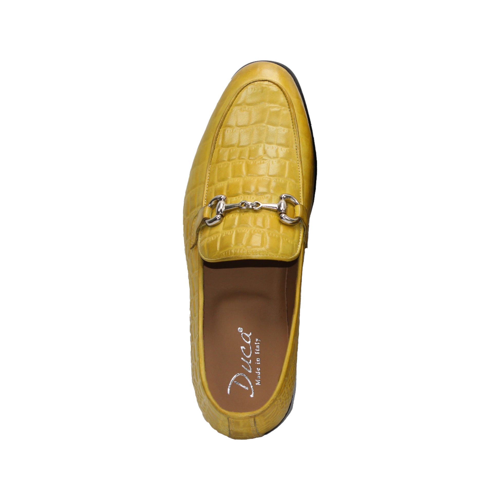 The Duca Vasto Yellow by Duca Di Matiste is a yellow croco-embossed leather loafer with a metal buckle, shown in side view on a white background—ideal for those seeking luxury men’s footwear.