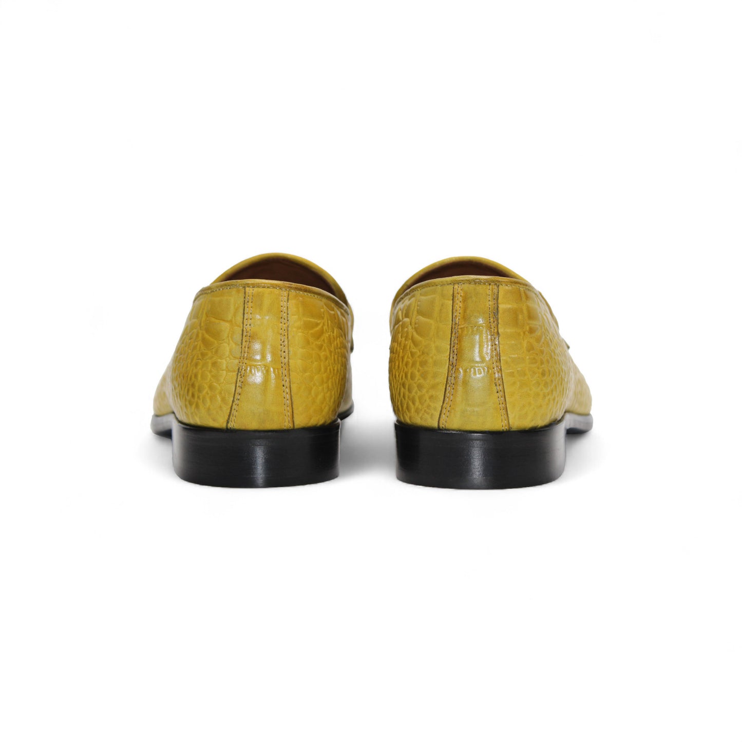 The Duca Vasto Yellow by Duca Di Matiste is a yellow croco-embossed leather loafer with a metal buckle, shown in side view on a white background—ideal for those seeking luxury men’s footwear.