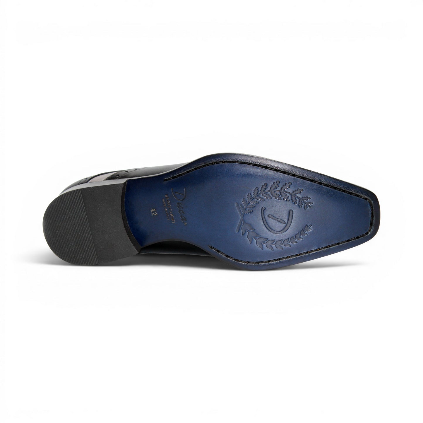 The Duca Di Matiste Duca Velletri Black Combo is a black and gray calf leather dress shoe with brogue detailing, lace-up closure, and low heel, shown side profile on white for timeless style.