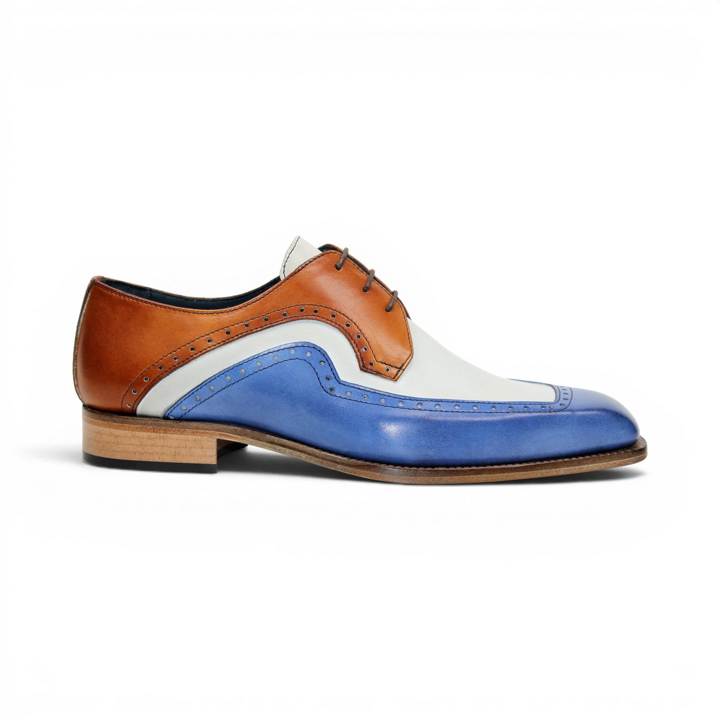 The Duca Di Matiste Duca Velletri Blue Combo is a calf leather dress shoe in brown, white, and blue with brogue detailing and a wooden sole, photographed from the side on a white background.