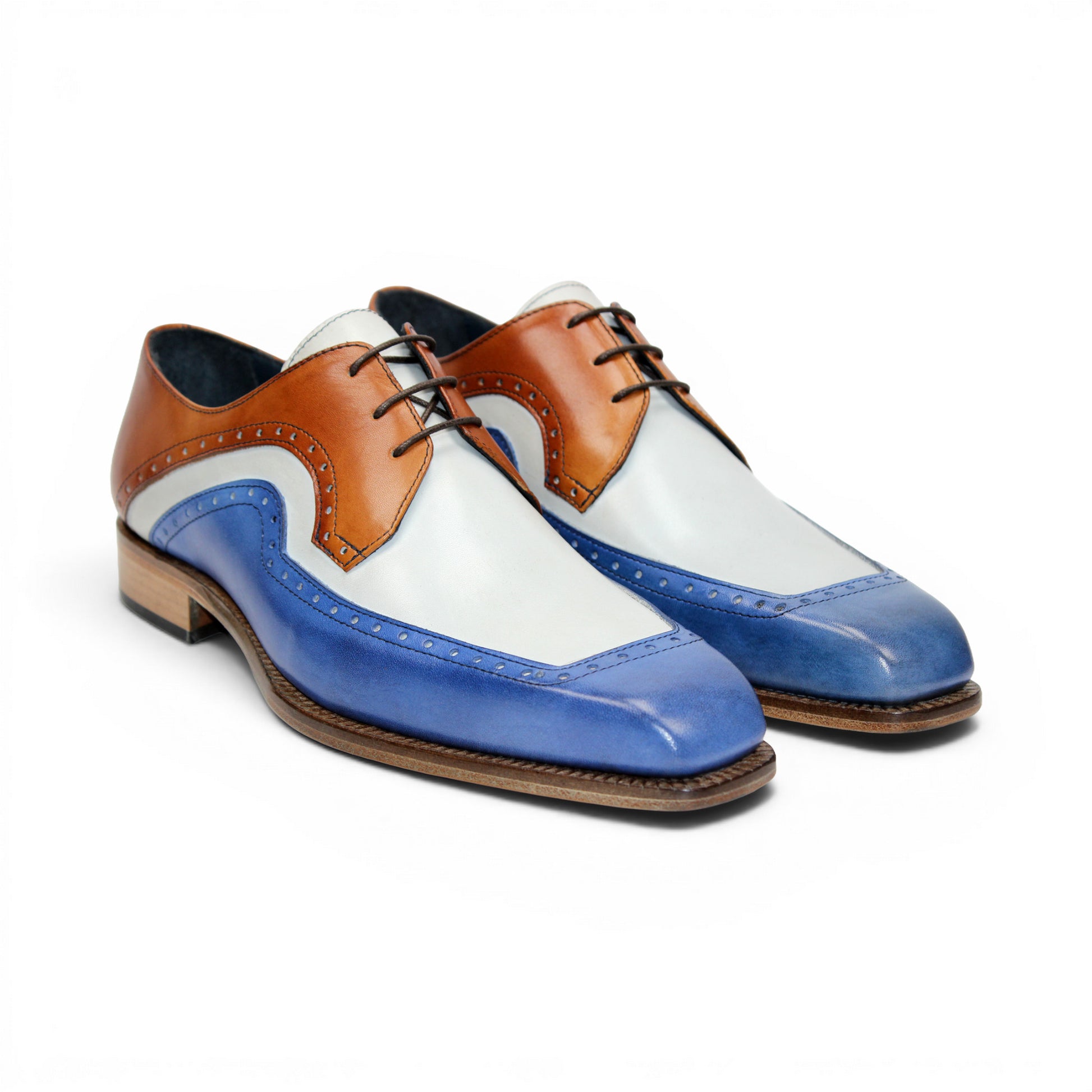 The Duca Di Matiste Duca Velletri Blue Combo is a calf leather dress shoe in brown, white, and blue with brogue detailing and a wooden sole, photographed from the side on a white background.