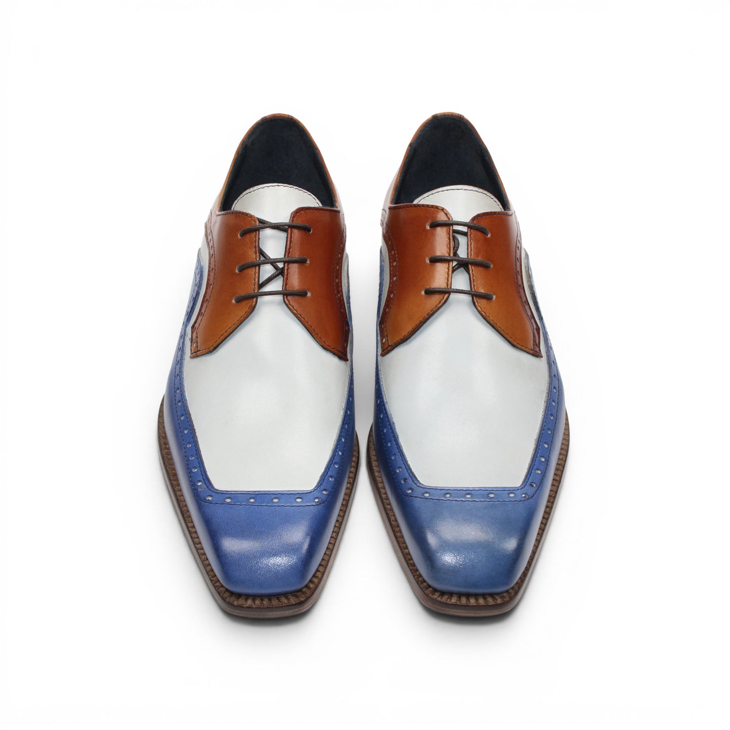 The Duca Di Matiste Duca Velletri Blue Combo is a calf leather dress shoe in brown, white, and blue with brogue detailing and a wooden sole, photographed from the side on a white background.