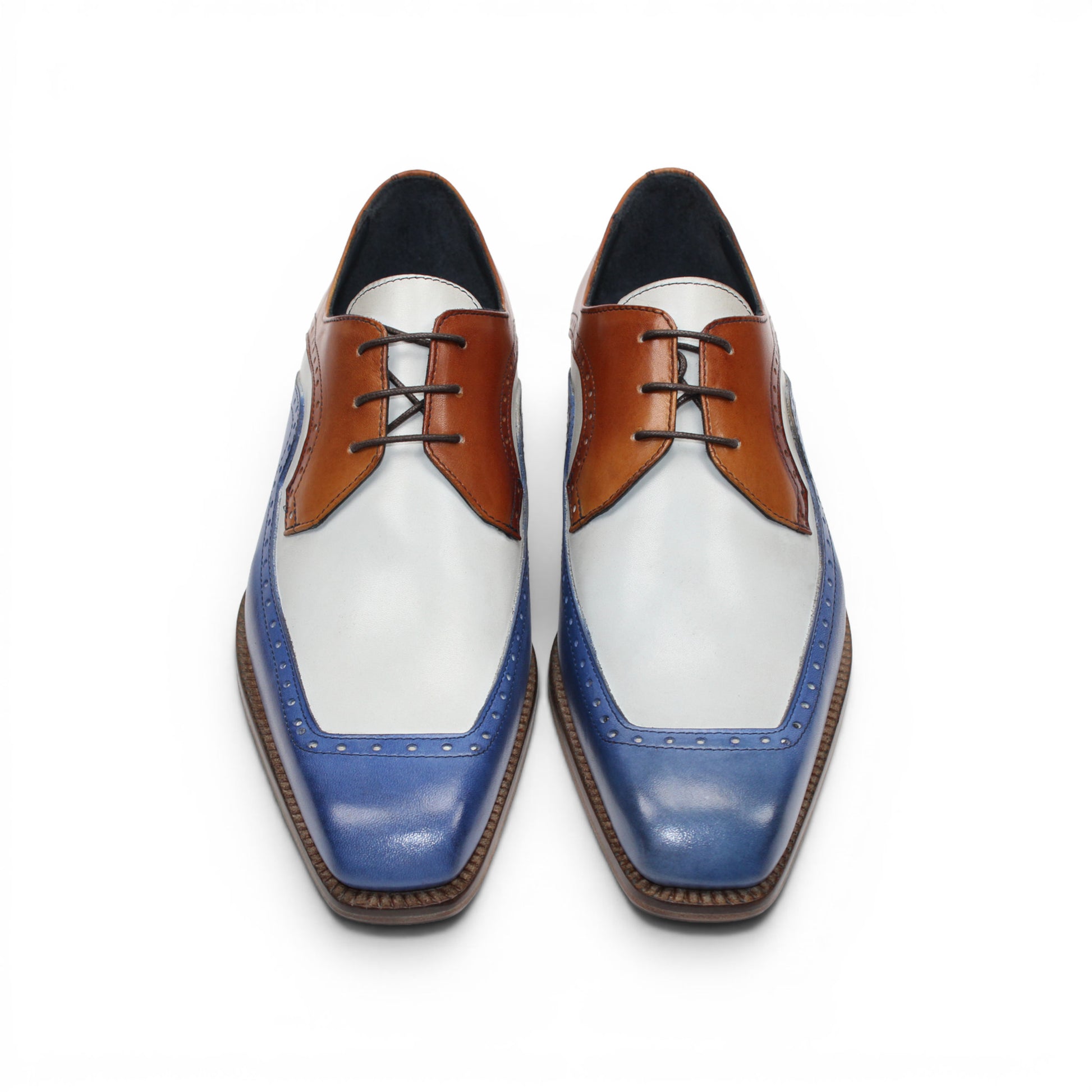 The Duca Di Matiste Duca Velletri Blue Combo is a calf leather dress shoe in brown, white, and blue with brogue detailing and a wooden sole, photographed from the side on a white background.