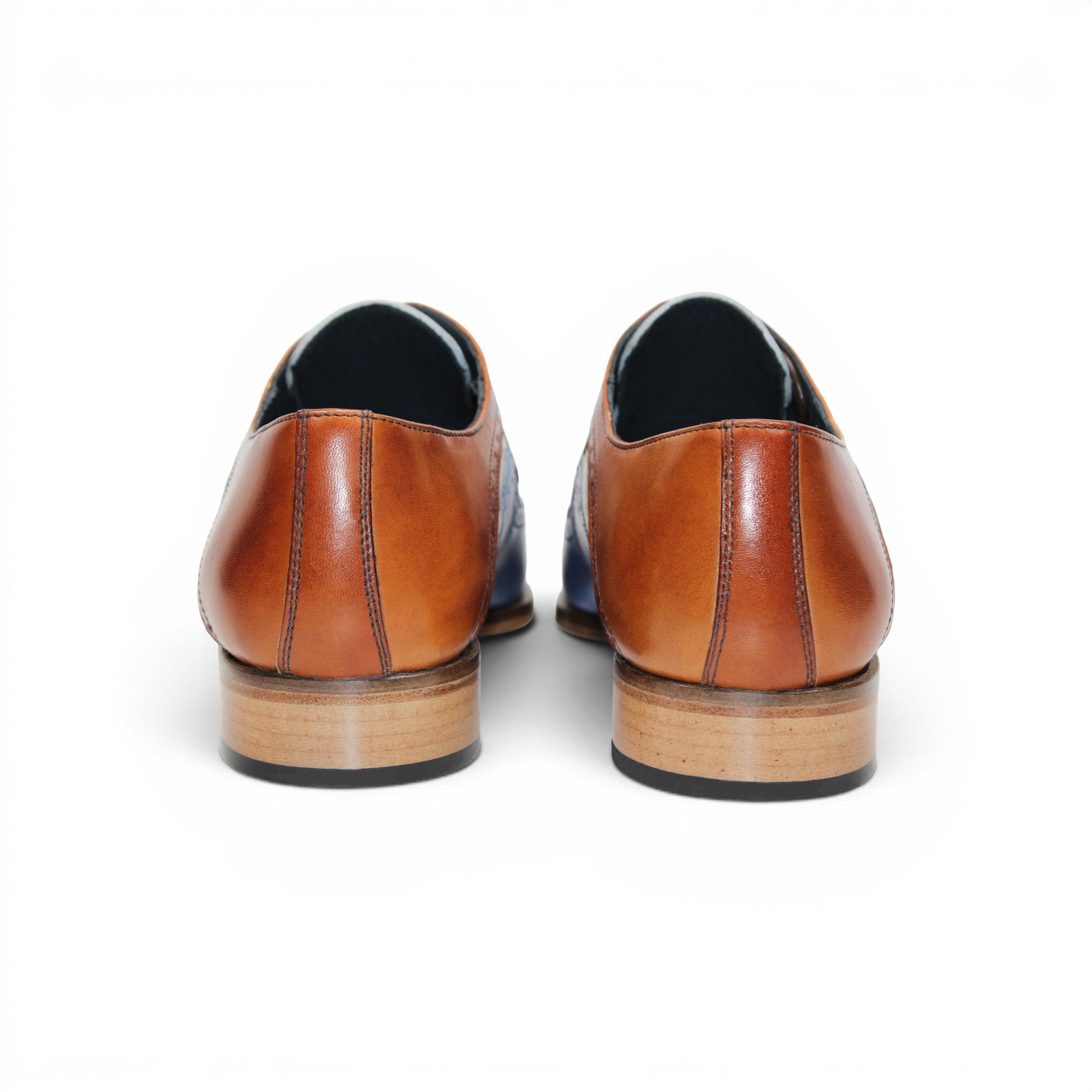 The Duca Di Matiste Duca Velletri Blue Combo is a calf leather dress shoe in brown, white, and blue with brogue detailing and a wooden sole, photographed from the side on a white background.