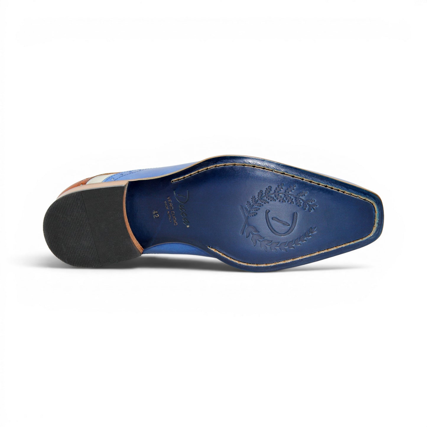 The Duca Di Matiste Duca Velletri Blue Combo is a calf leather dress shoe in brown, white, and blue with brogue detailing and a wooden sole, photographed from the side on a white background.