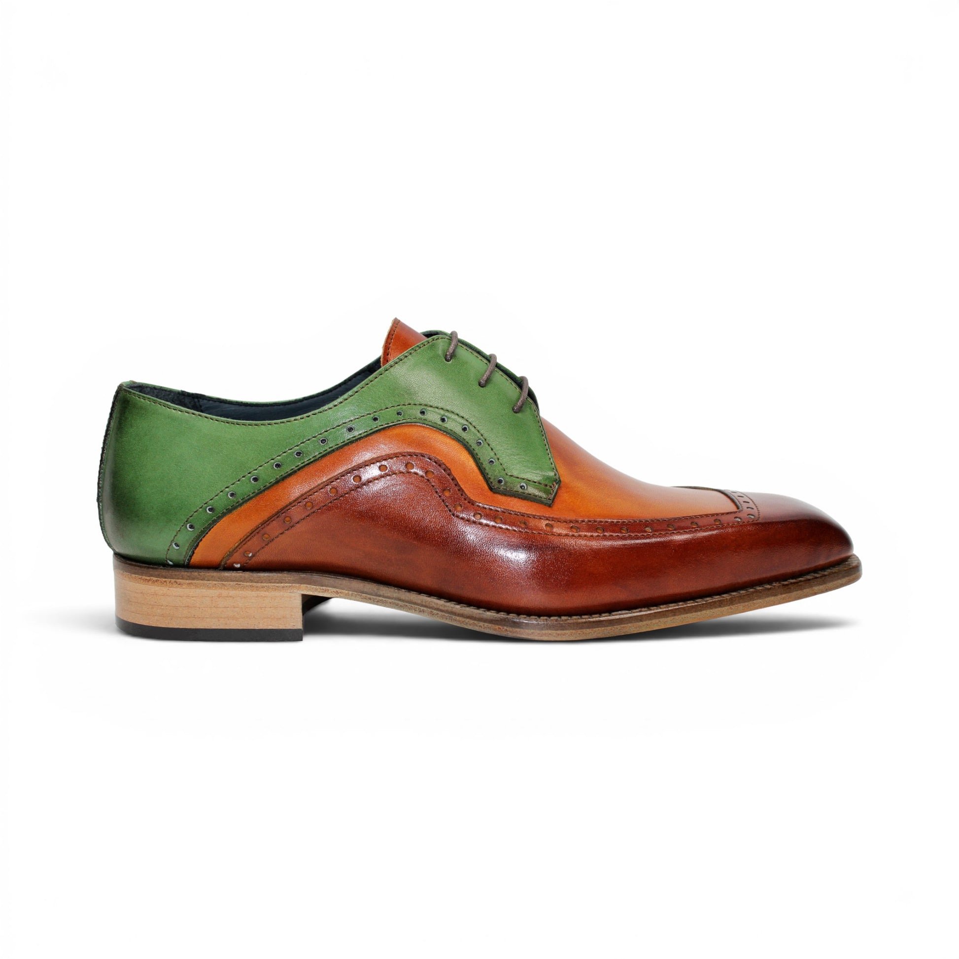 The Duca Di Matiste Duca Velletri Brown Combo is a leather dress shoe with tan, brown, and green calf leather panels, brogue detailing, and a wooden sole, displayed in side profile on a white background.