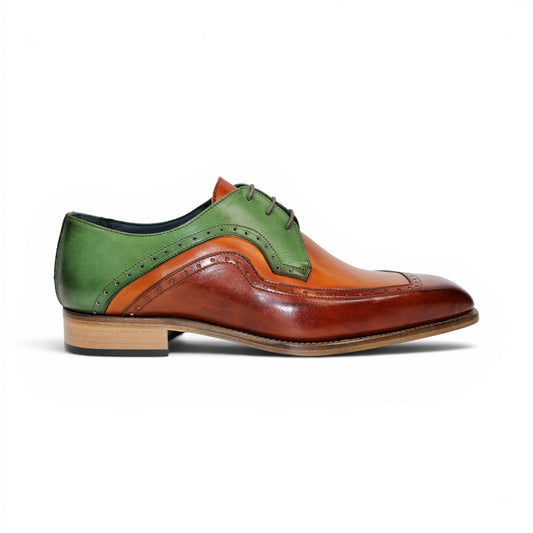 The Duca Di Matiste Duca Velletri Brown Combo is a leather dress shoe with tan, brown, and green calf leather panels, brogue detailing, and a wooden sole, displayed in side profile on a white background.