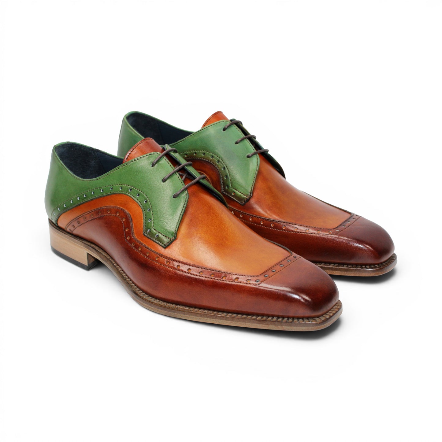 The Duca Di Matiste Duca Velletri Brown Combo is a leather dress shoe with tan, brown, and green calf leather panels, brogue detailing, and a wooden sole, displayed in side profile on a white background.
