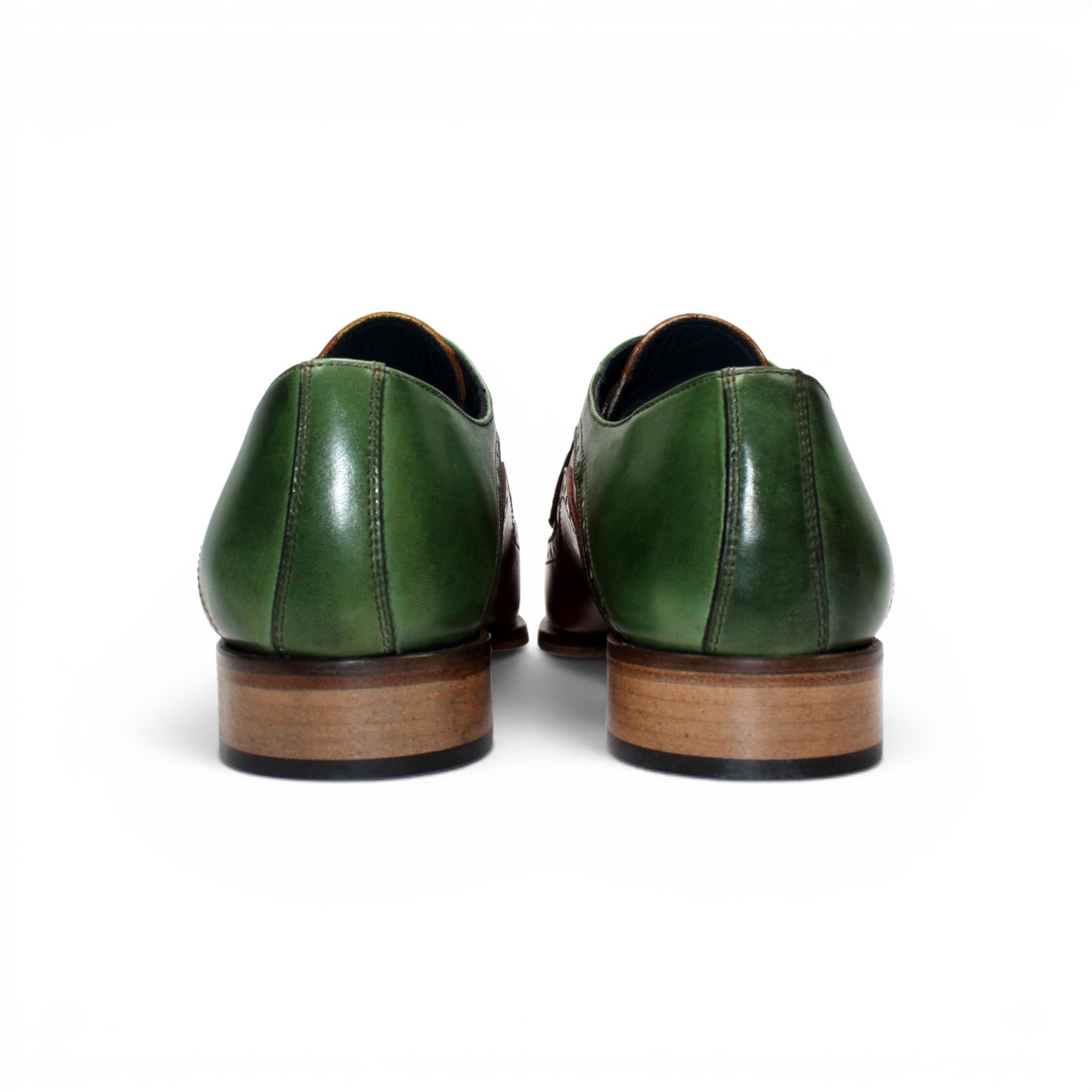 The Duca Di Matiste Duca Velletri Brown Combo is a leather dress shoe with tan, brown, and green calf leather panels, brogue detailing, and a wooden sole, displayed in side profile on a white background.