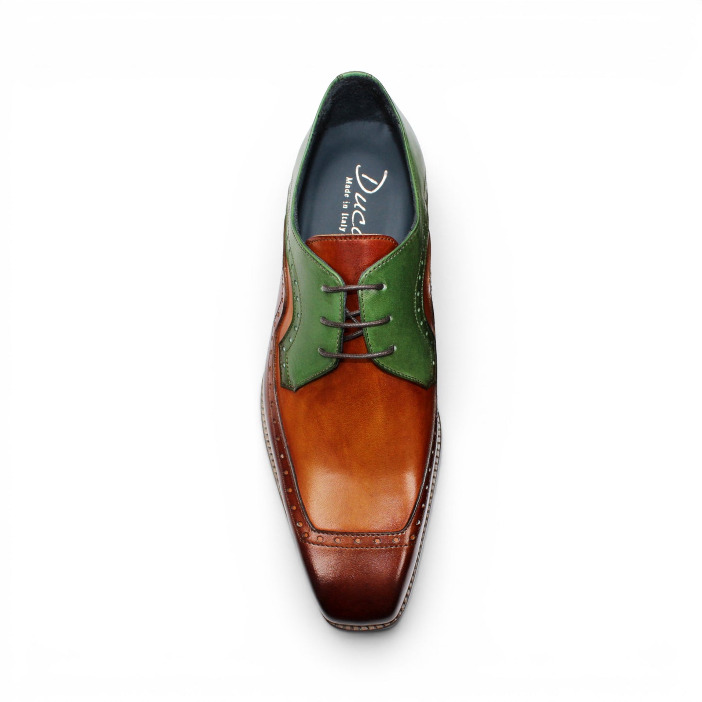The Duca Di Matiste Duca Velletri Brown Combo is a leather dress shoe with tan, brown, and green calf leather panels, brogue detailing, and a wooden sole, displayed in side profile on a white background.