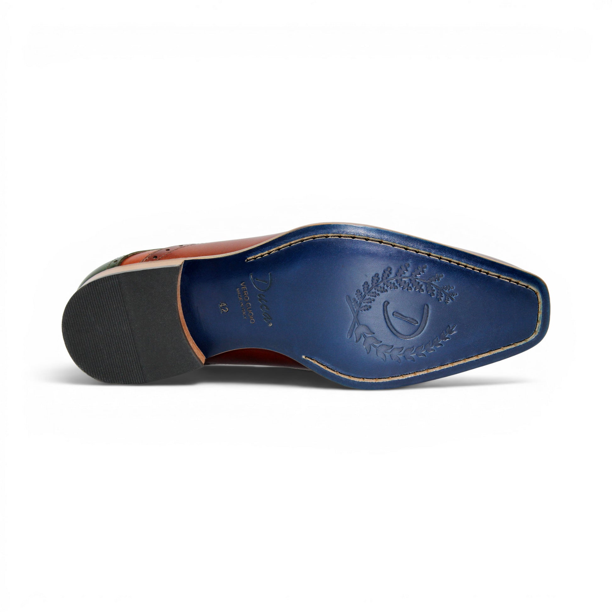 The Duca Di Matiste Duca Velletri Brown Combo is a leather dress shoe with tan, brown, and green calf leather panels, brogue detailing, and a wooden sole, displayed in side profile on a white background.