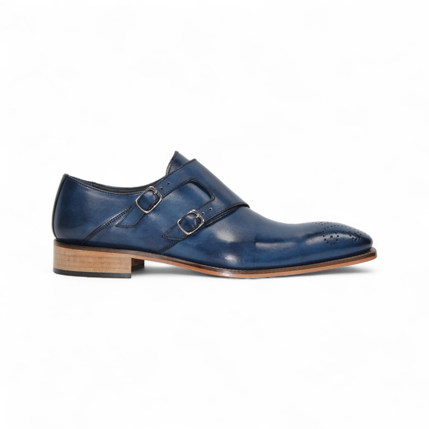 Duca Di Matiste's Duca Vergato Blue: men's blue leather double monk strap dress shoes with brogue detailing and a light brown stacked heel, shown on a white background.