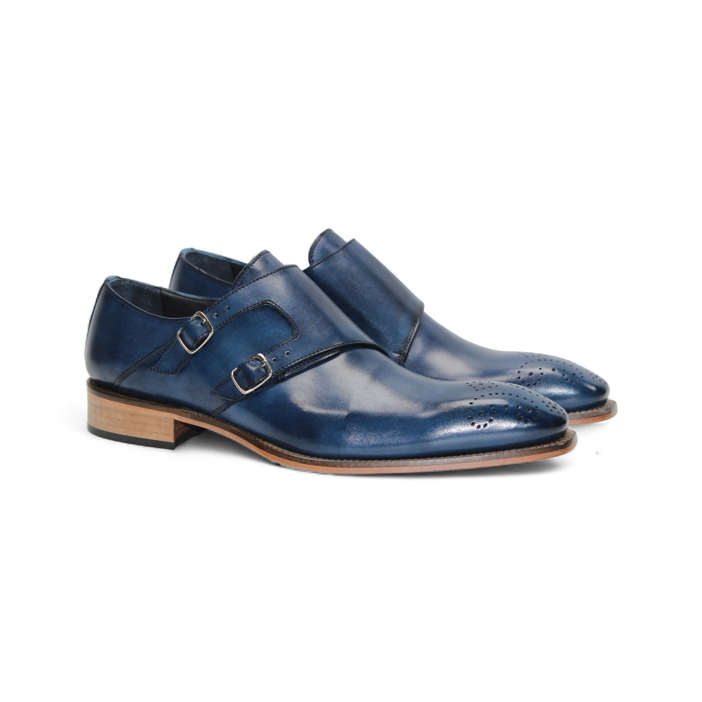 Duca Di Matiste's Duca Vergato Blue: men's blue leather double monk strap dress shoes with brogue detailing and a light brown stacked heel, shown on a white background.