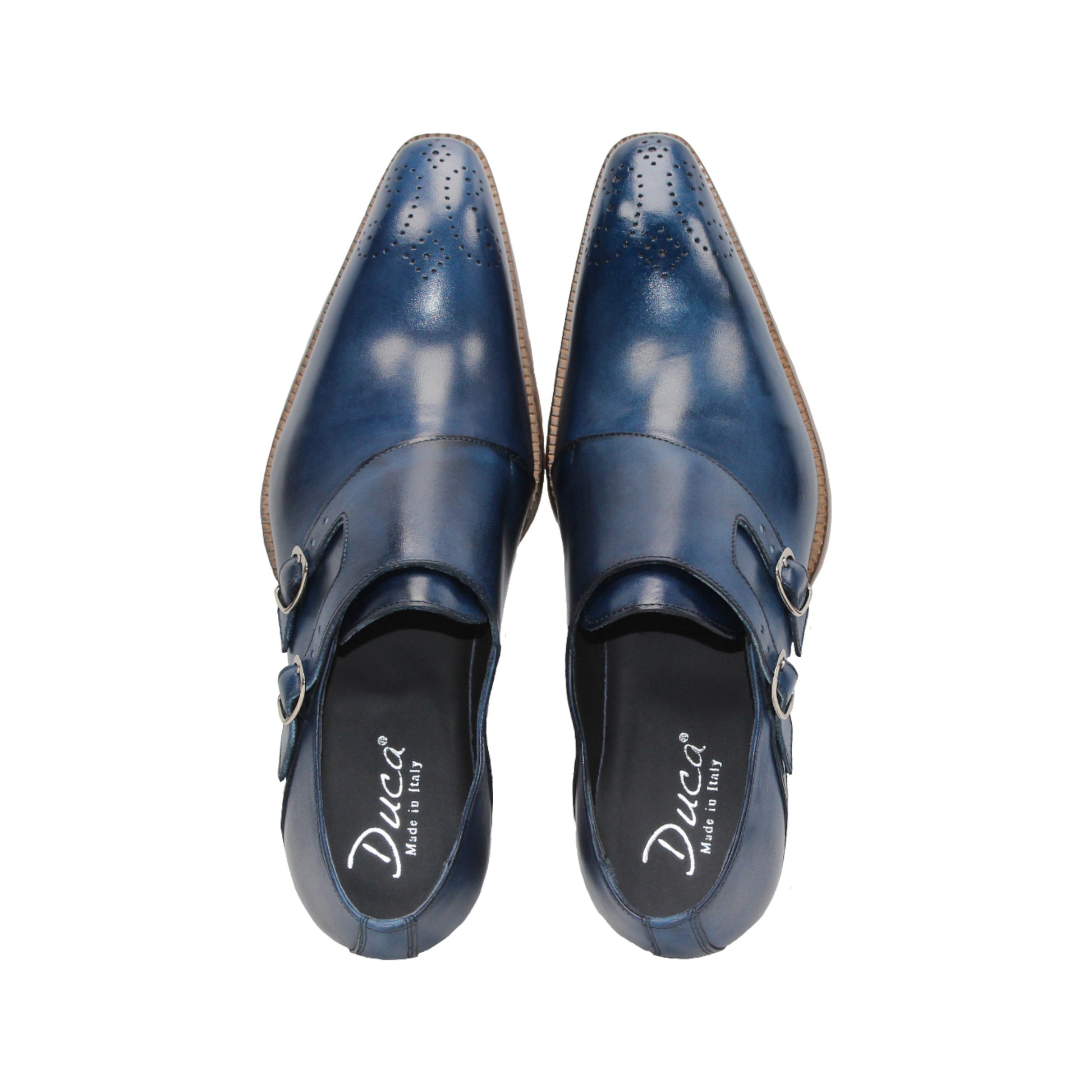 Duca Di Matiste's Duca Vergato Blue: men's blue leather double monk strap dress shoes with brogue detailing and a light brown stacked heel, shown on a white background.