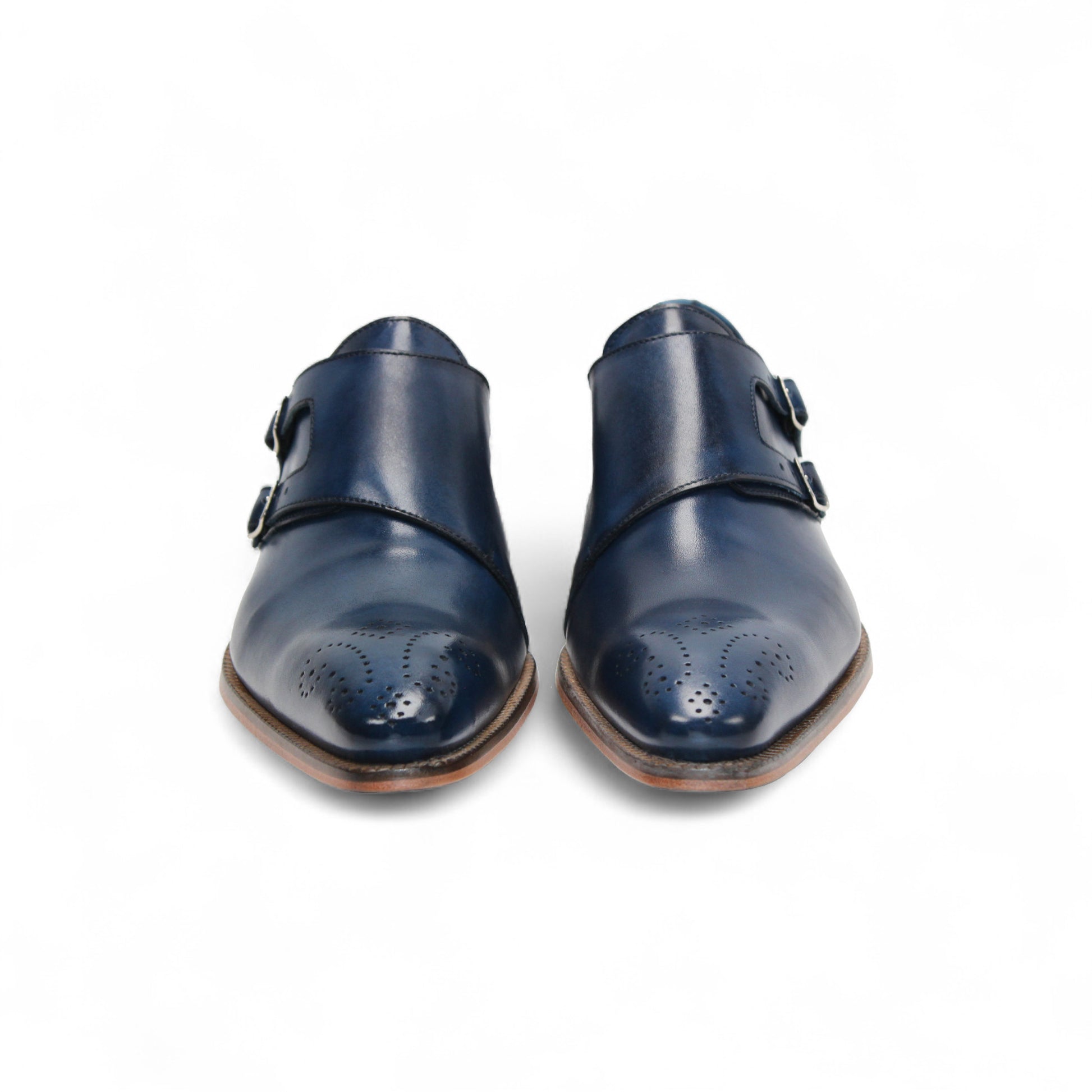 Duca Di Matiste's Duca Vergato Blue: men's blue leather double monk strap dress shoes with brogue detailing and a light brown stacked heel, shown on a white background.