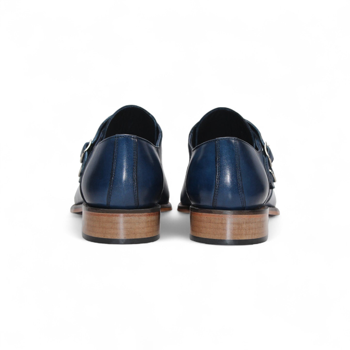 Duca Di Matiste's Duca Vergato Blue: men's blue leather double monk strap dress shoes with brogue detailing and a light brown stacked heel, shown on a white background.