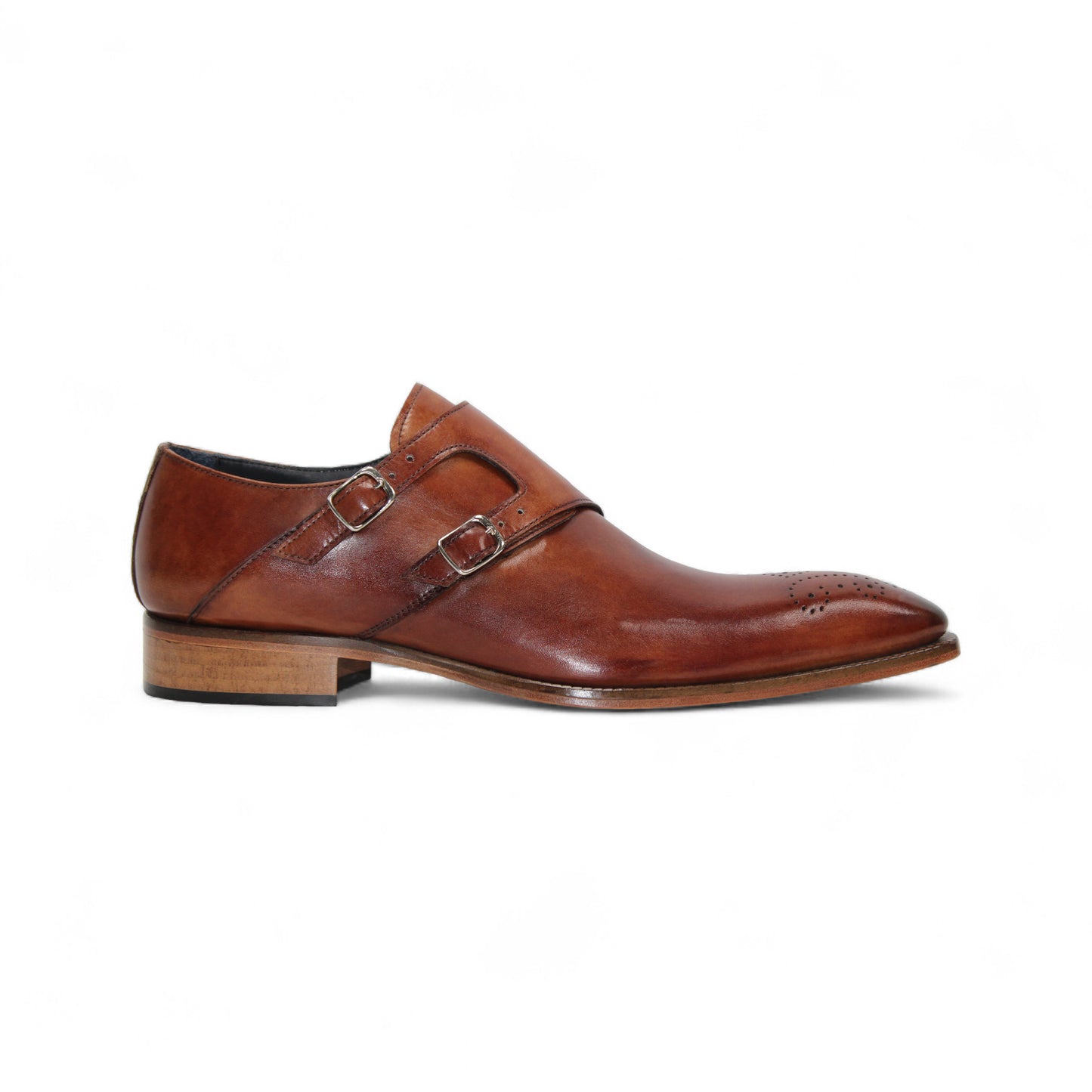 Duca Di Matiste's Duca Vergato Brandy: classic Italian double monk strap dress shoes in brown leather with a low wooden heel, decorative toe perforations, and a smooth polished finish—crafted for timeless style.