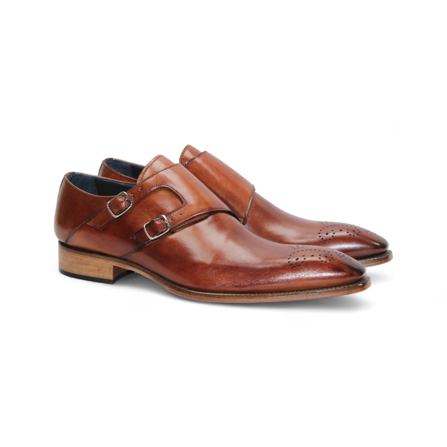 Duca Di Matiste's Duca Vergato Brandy: classic Italian double monk strap dress shoes in brown leather with a low wooden heel, decorative toe perforations, and a smooth polished finish—crafted for timeless style.