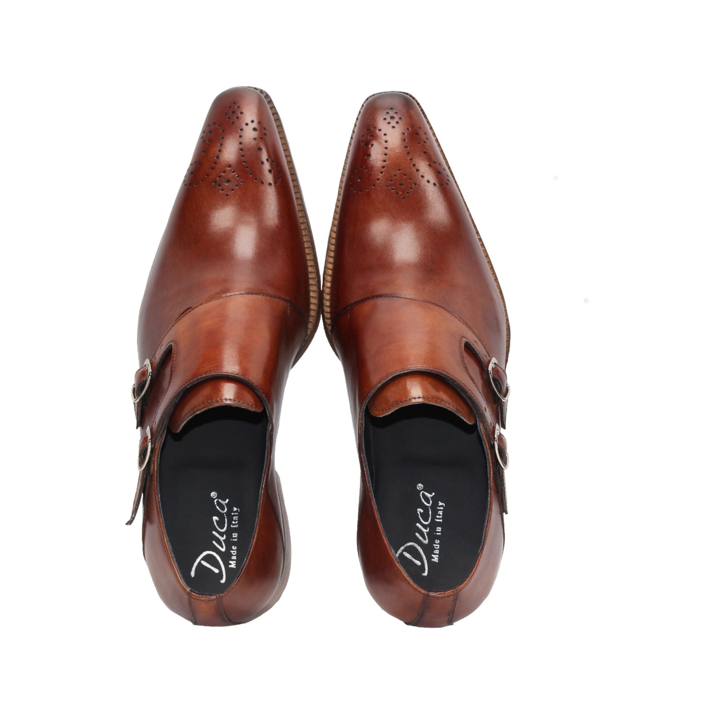 Duca Di Matiste's Duca Vergato Brandy: classic Italian double monk strap dress shoes in brown leather with a low wooden heel, decorative toe perforations, and a smooth polished finish—crafted for timeless style.