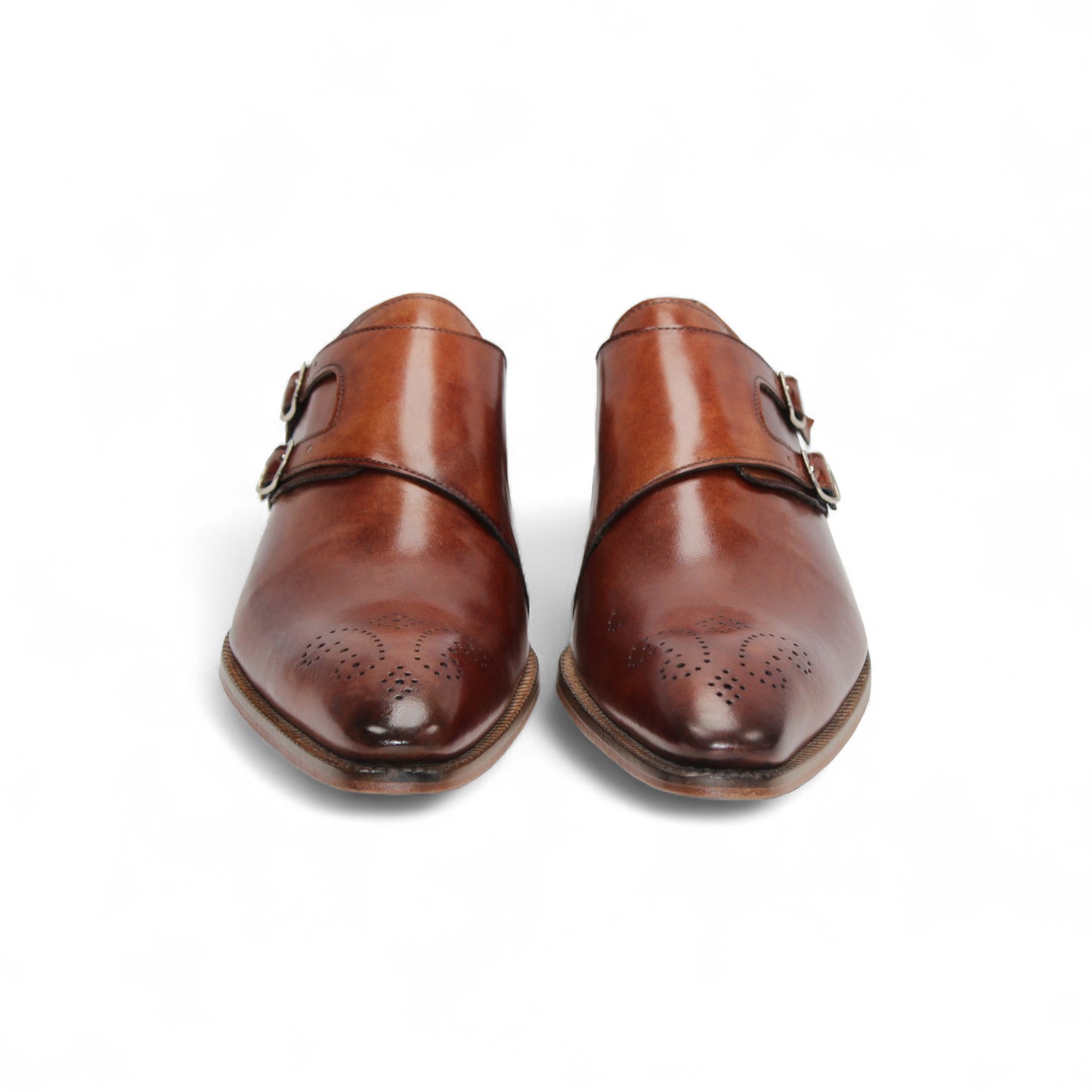 Duca Di Matiste's Duca Vergato Brandy: classic Italian double monk strap dress shoes in brown leather with a low wooden heel, decorative toe perforations, and a smooth polished finish—crafted for timeless style.