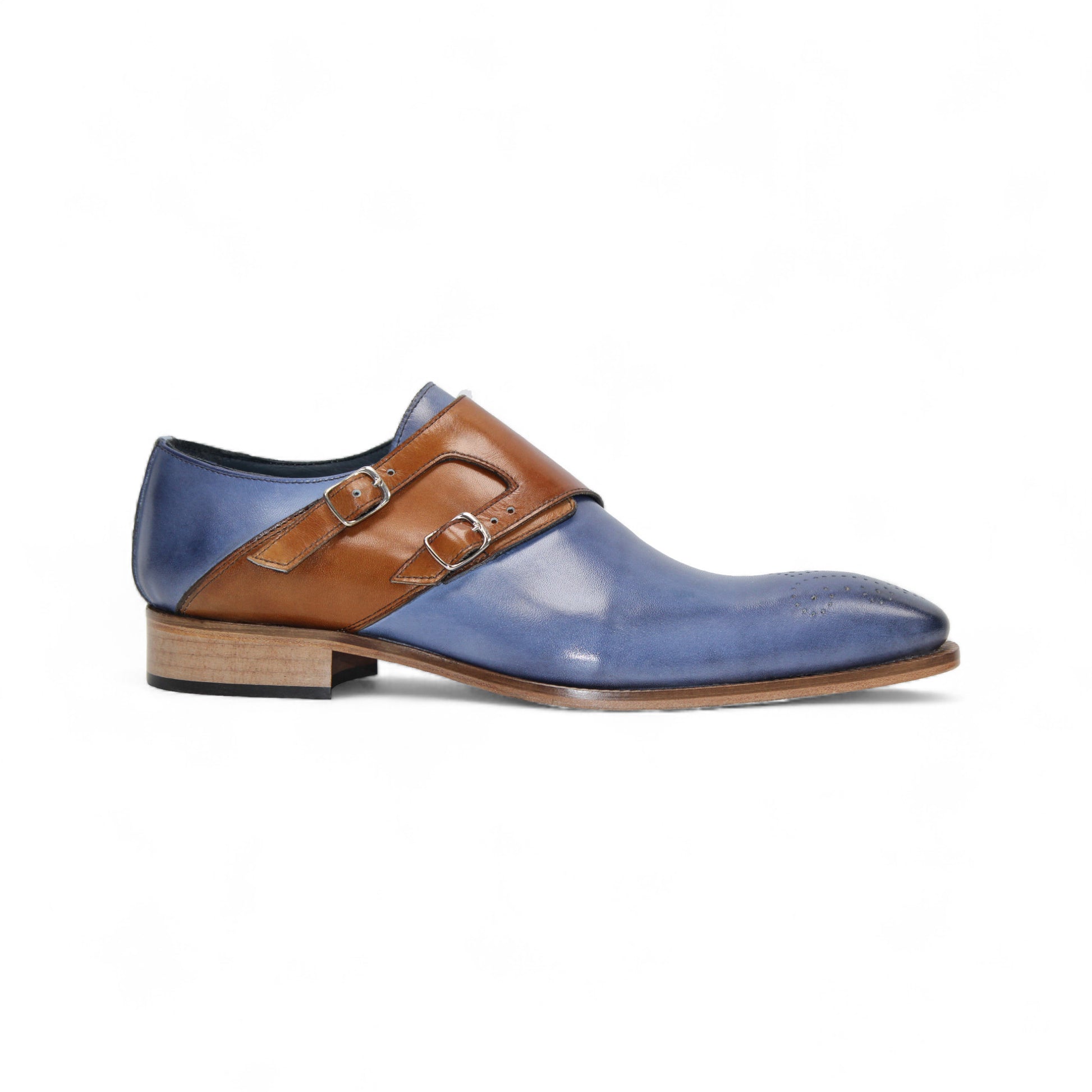 The Duca Di Matiste Duca Vergato Light Blue/Cognac is a premium blue leather dress shoe with brown double monk straps and a low wooden heel, shown in side profile on a white background.